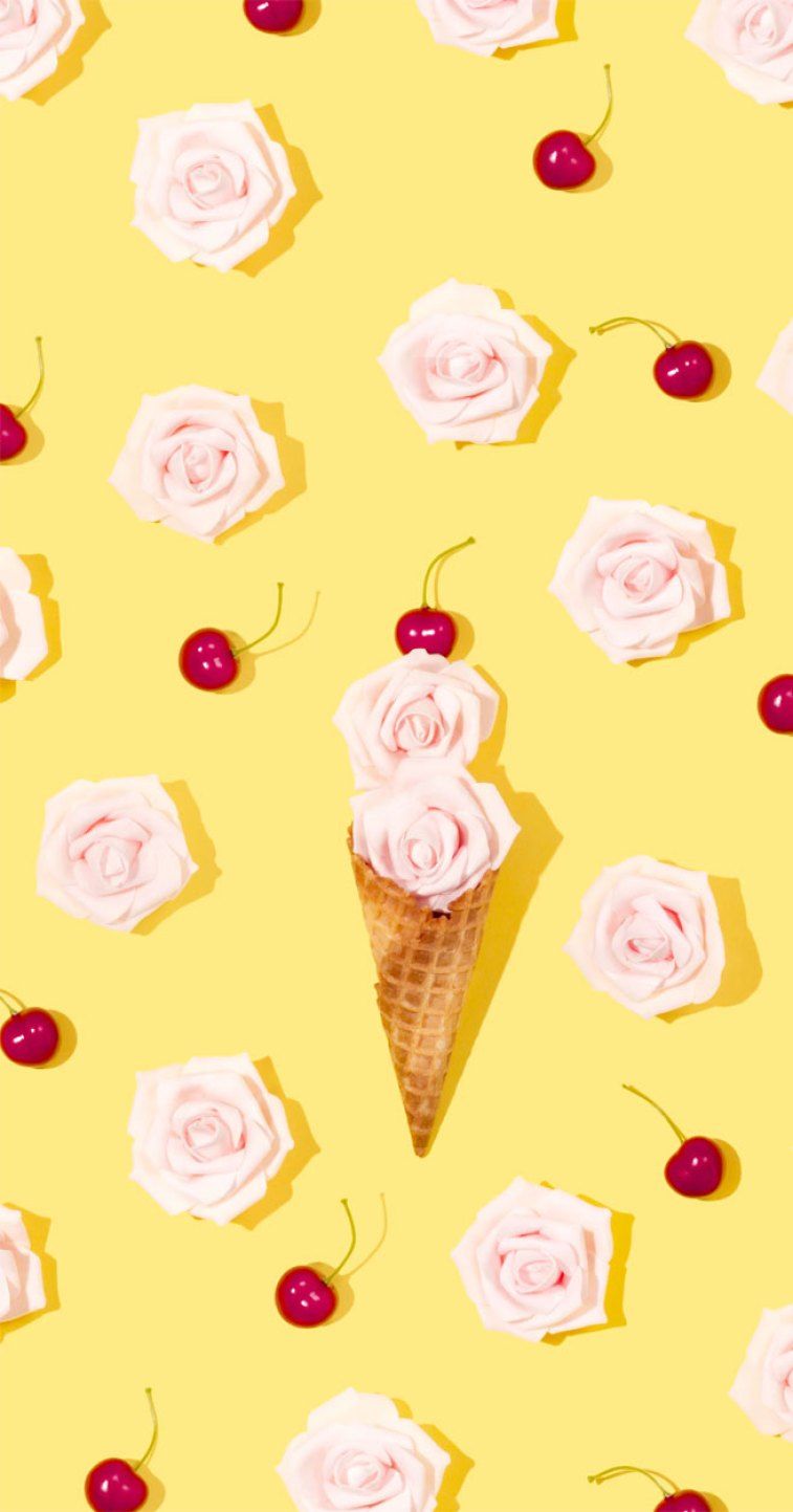 Ice cream cone and roses with cheerful yellow background Wallpaper