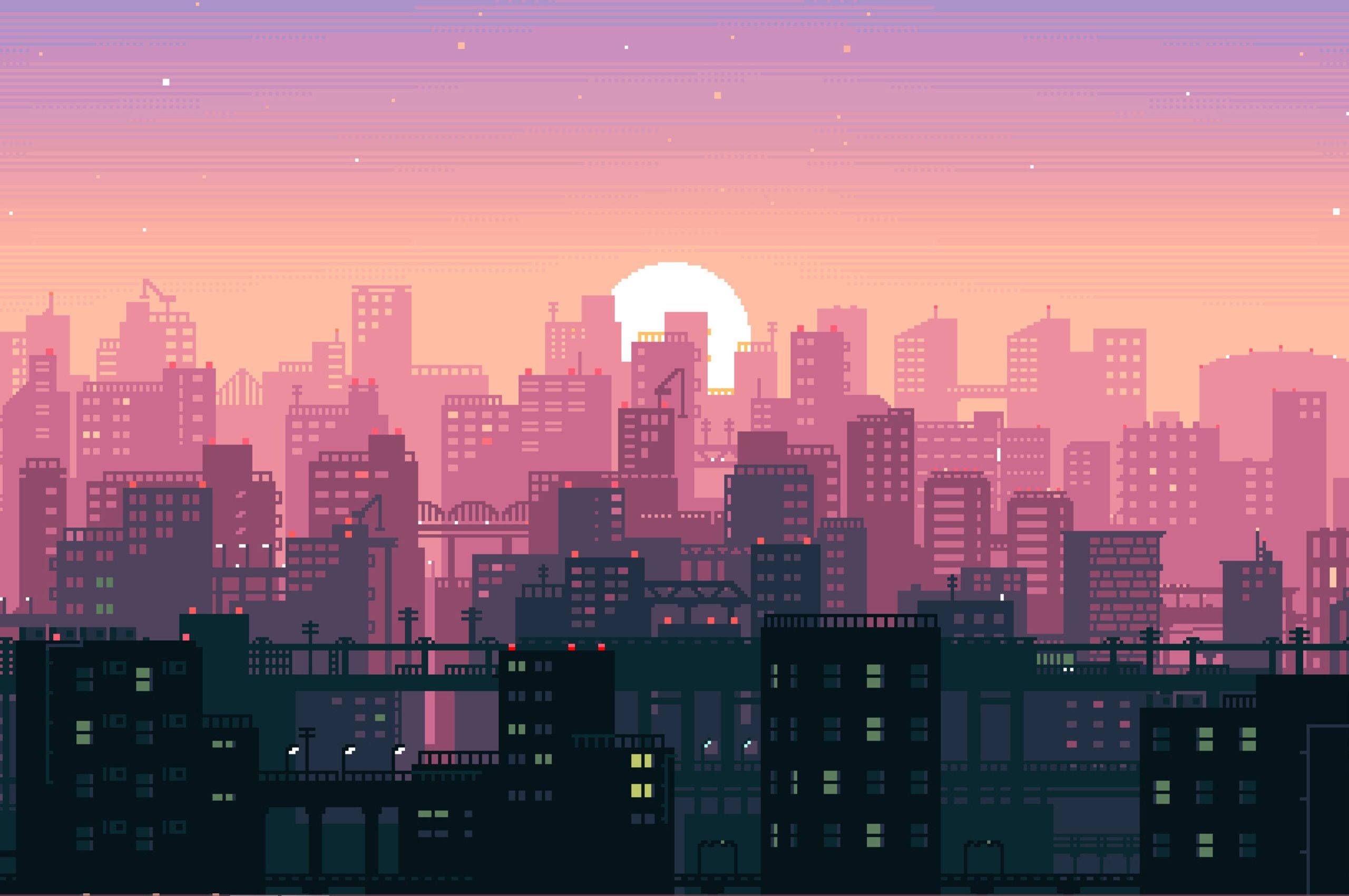 Pixel art of a city at sunset - City