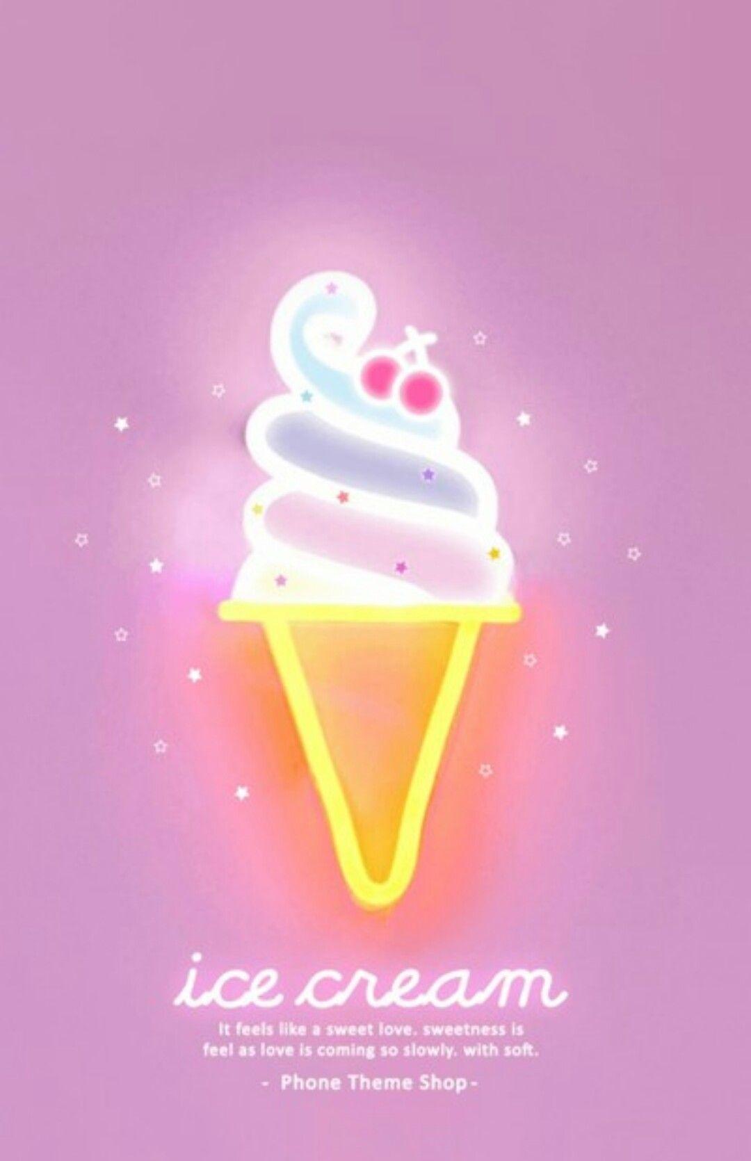 IPhone wallpaper with a pink background and a neon sign of an ice cream cone - Ice cream
