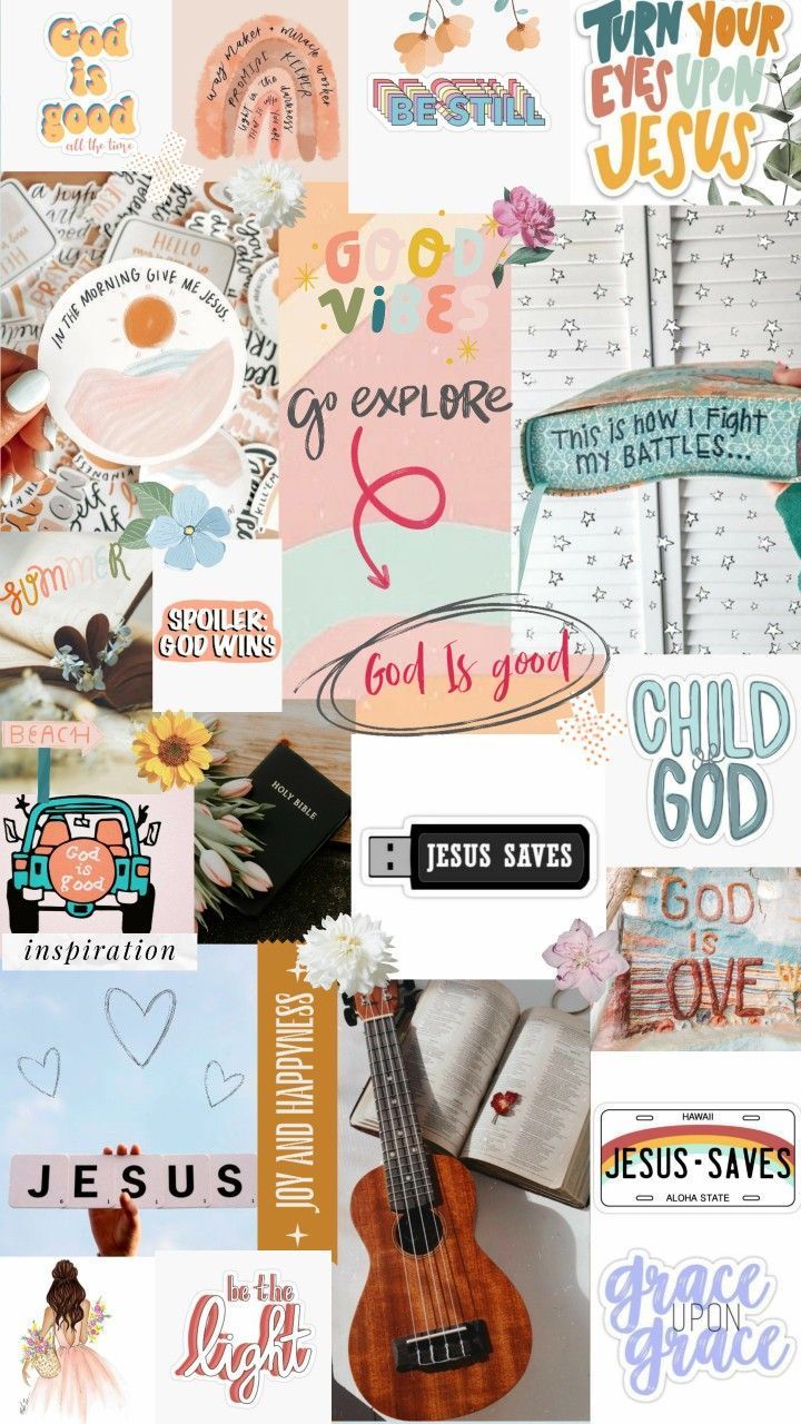 A collage of various religious images and words - Jesus