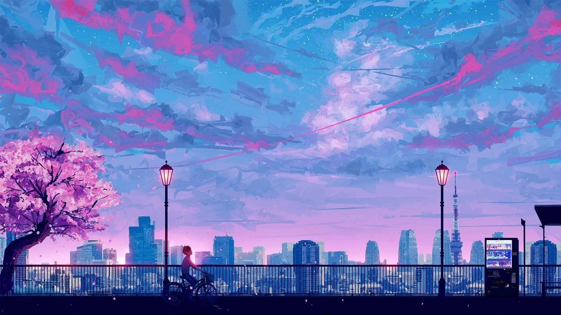 A painting of the city skyline with pink clouds - Anime city, city