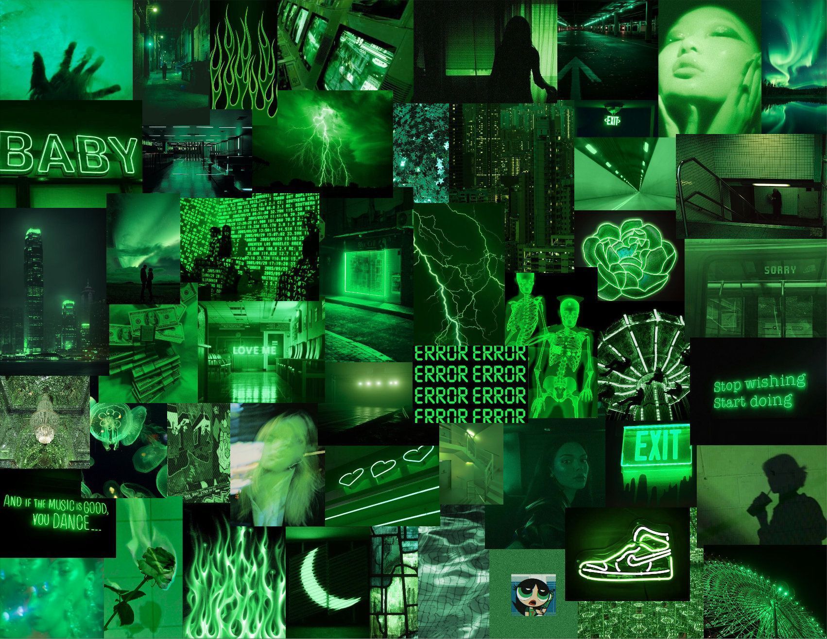 A collage of pictures with green lighting - Lime green, neon green
