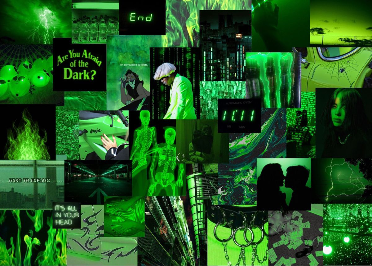 Aesthetic background of green, black, and white images. - Neon green, green, dark green, lime green