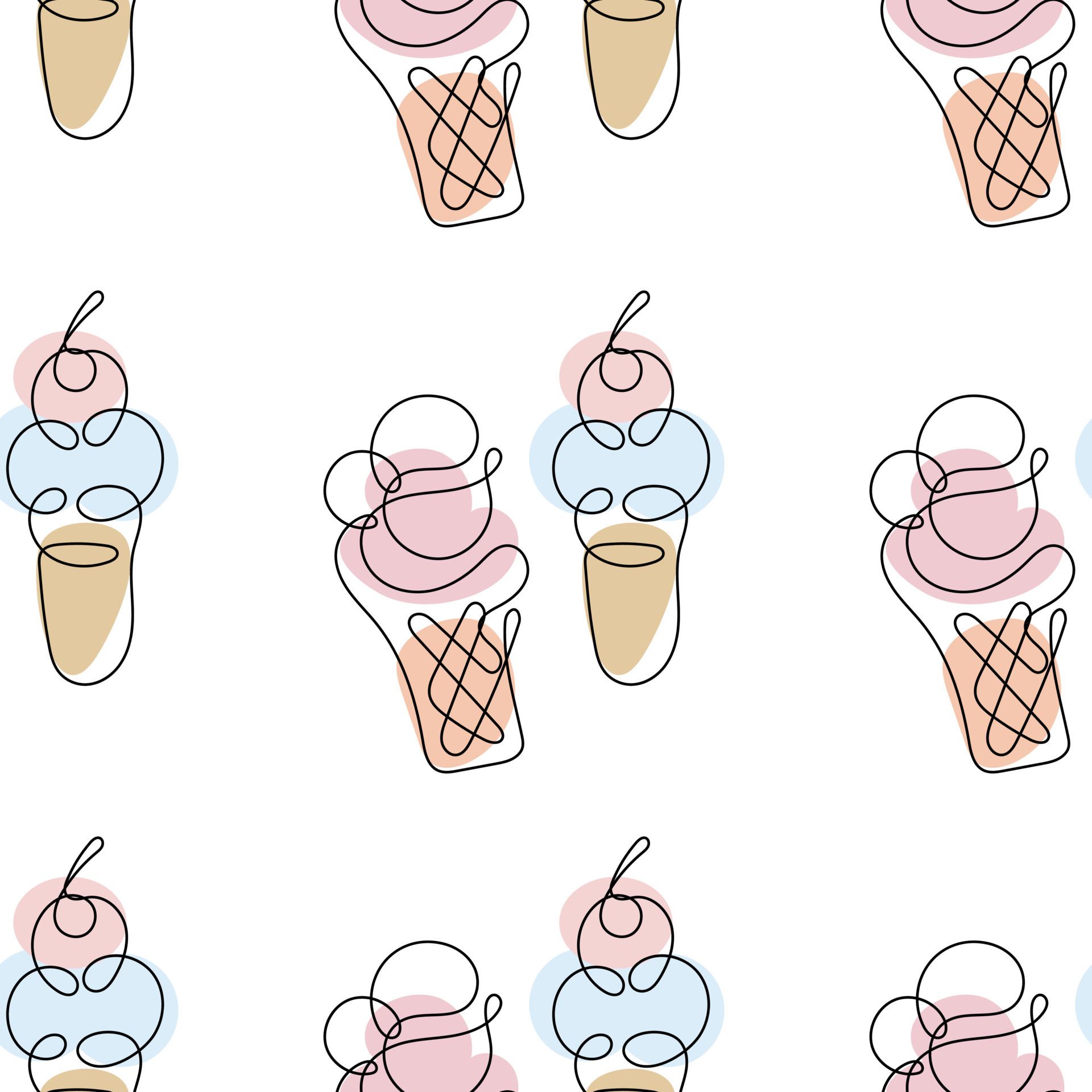 Seamless pattern, ice cream of different types, black contour with colored spots in pastel colors. Print, textile, wallpaper