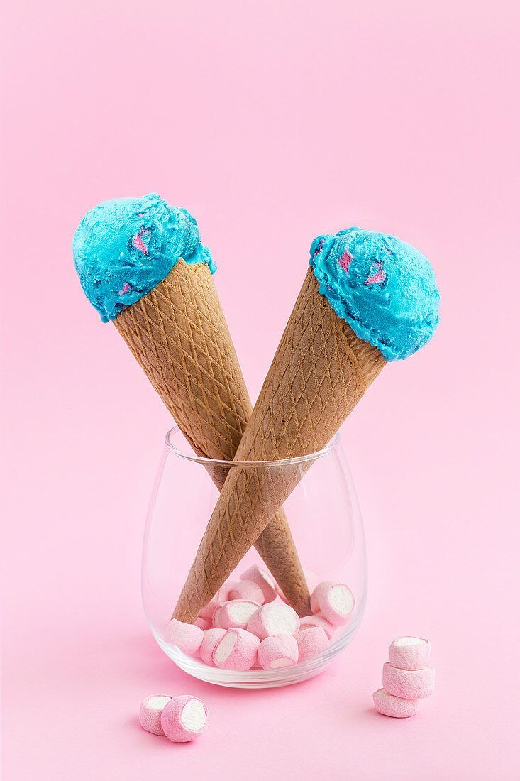 Blue colored bright ice cream served in