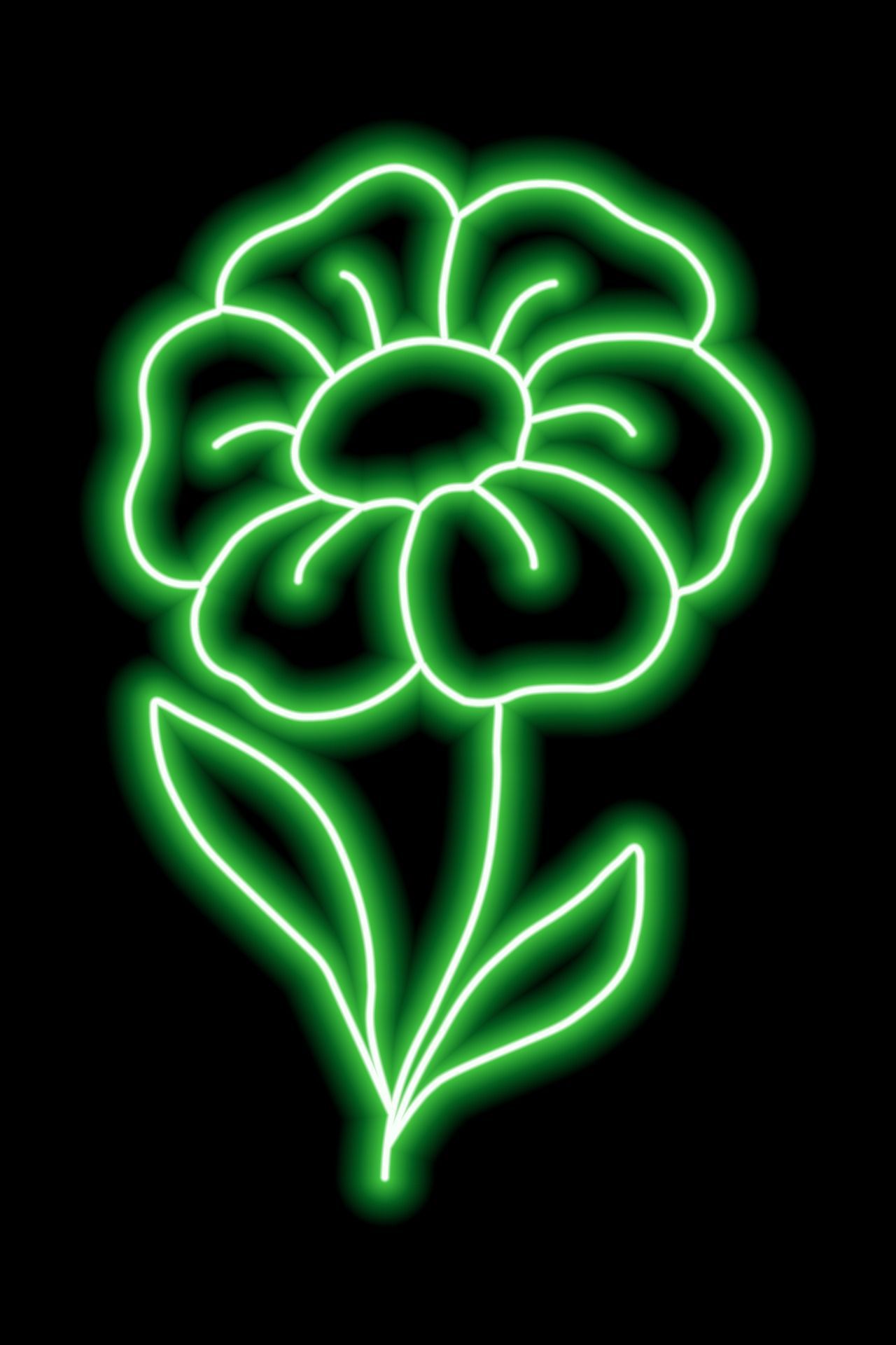 Neon green flower with petals and leaves on a black background. Simple illustration