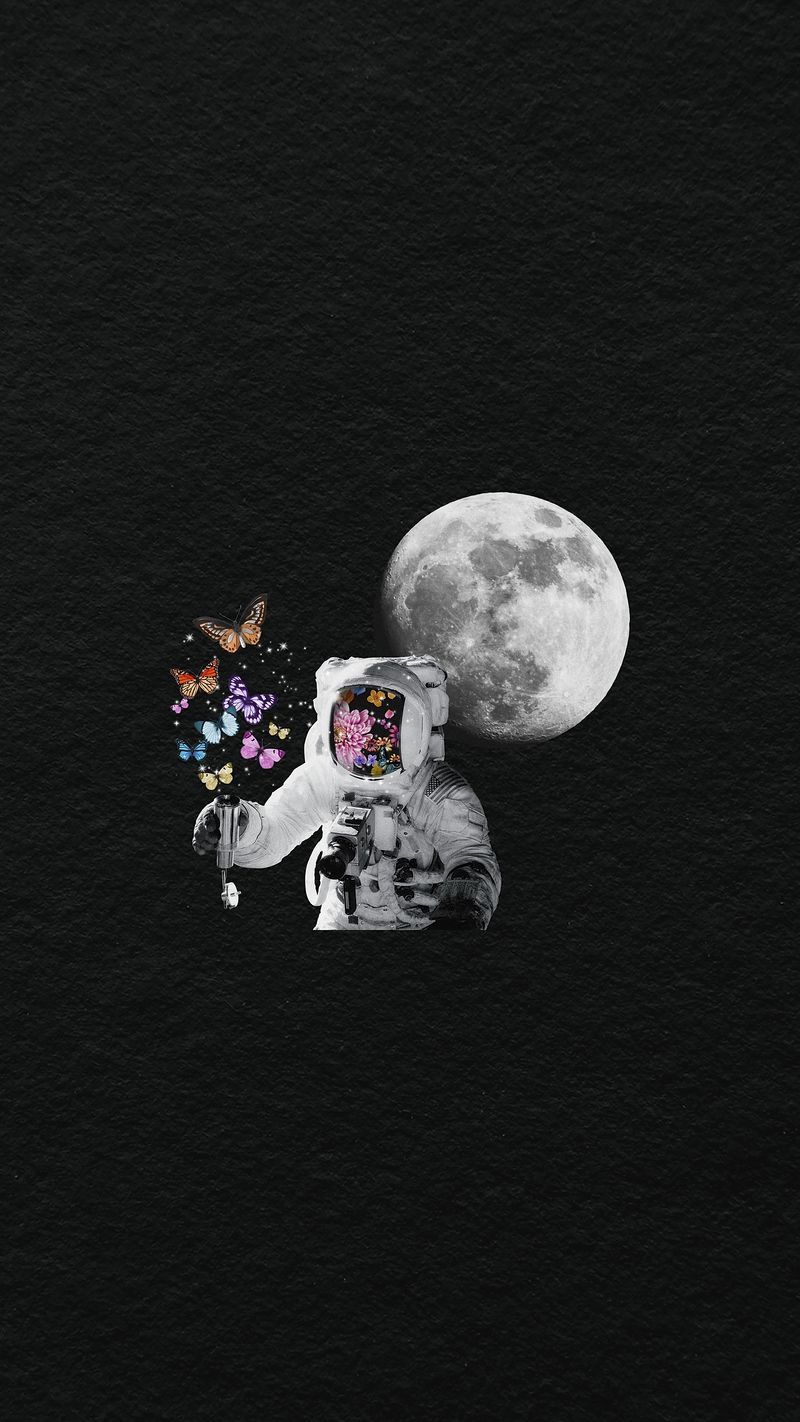 Black background, astronaut holding a flower bouquet, butterfly wallpaper, moon in the background - Astronaut