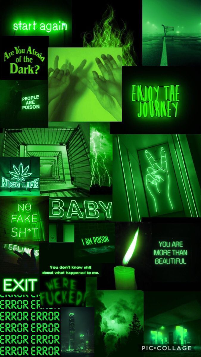 A collage of green signs with text - Neon green, lime green, dark green, green