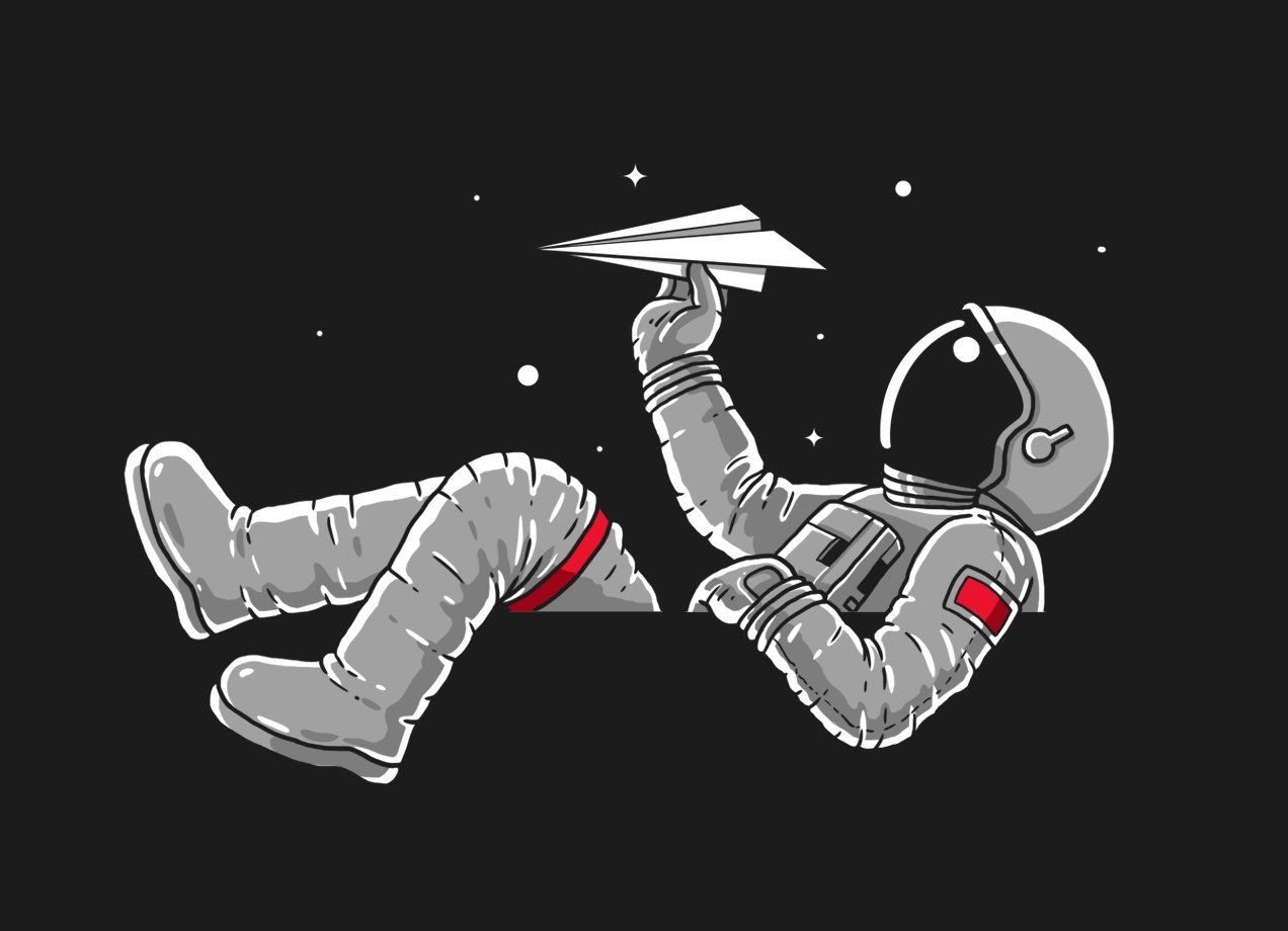 An astronaut floating in space playing with a paper airplane - Astronaut