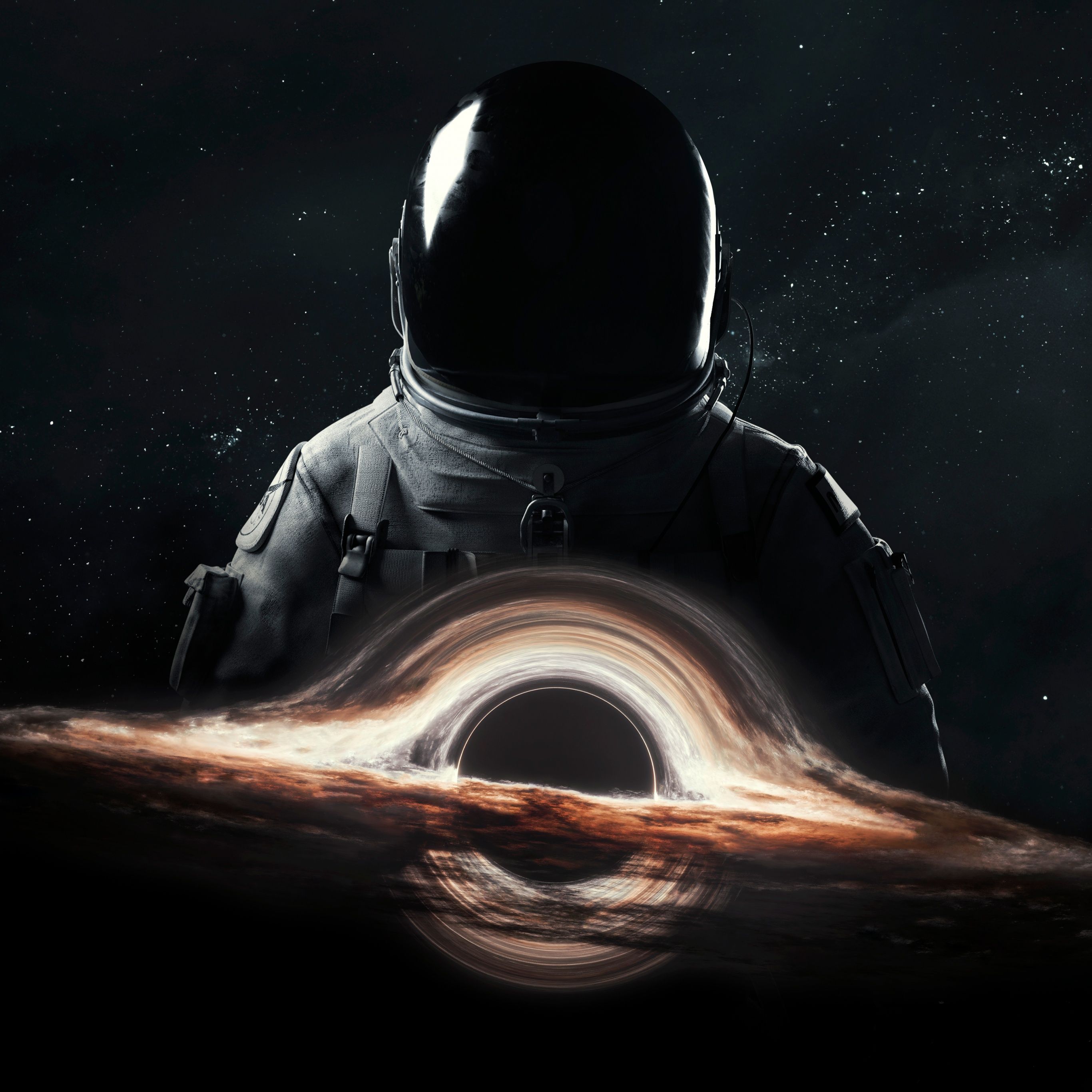 A man in an astronaut suit is looking at the black hole - Astronaut