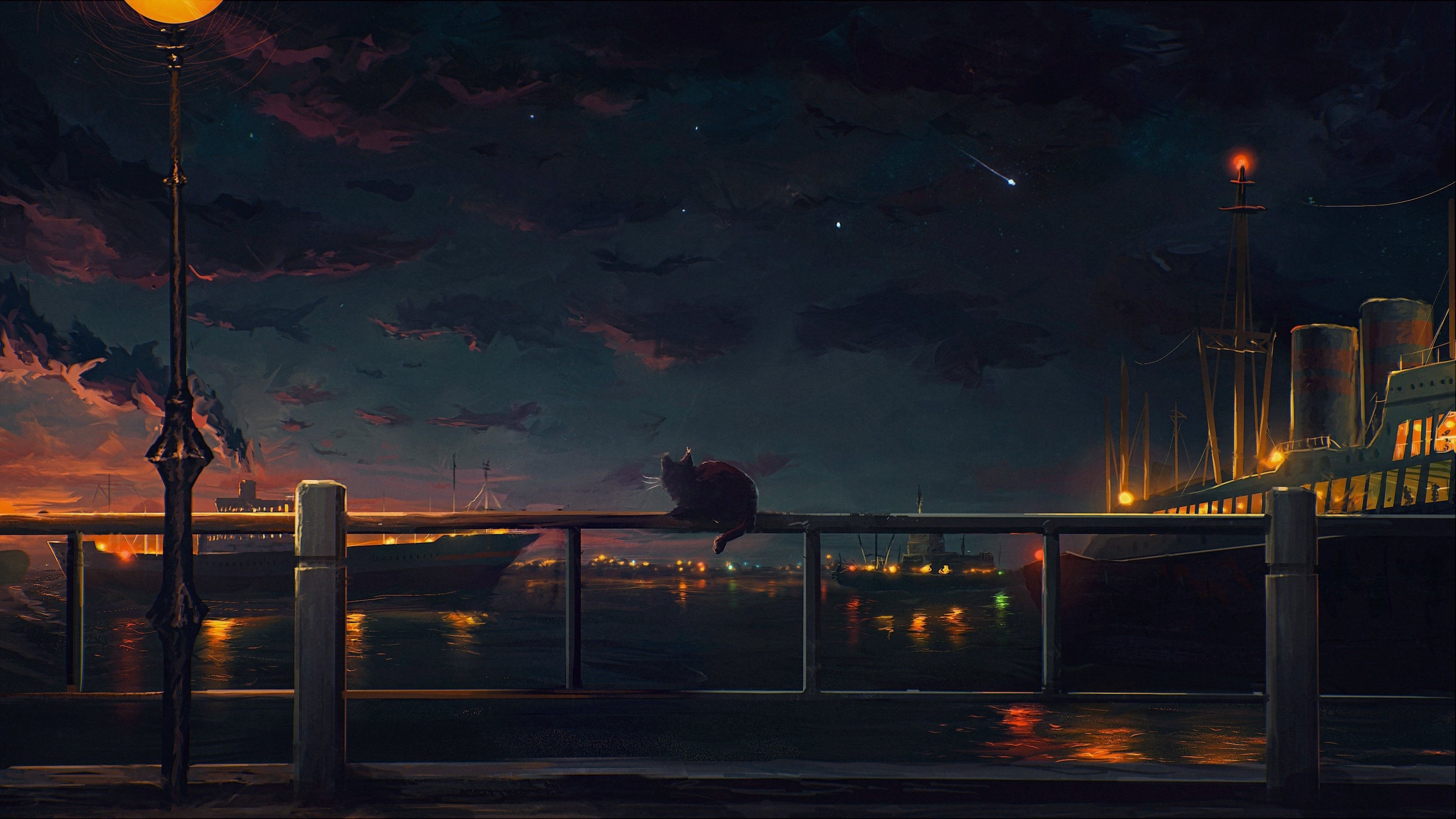 A cat sitting on the edge of some water - Night, anime city, anime landscape