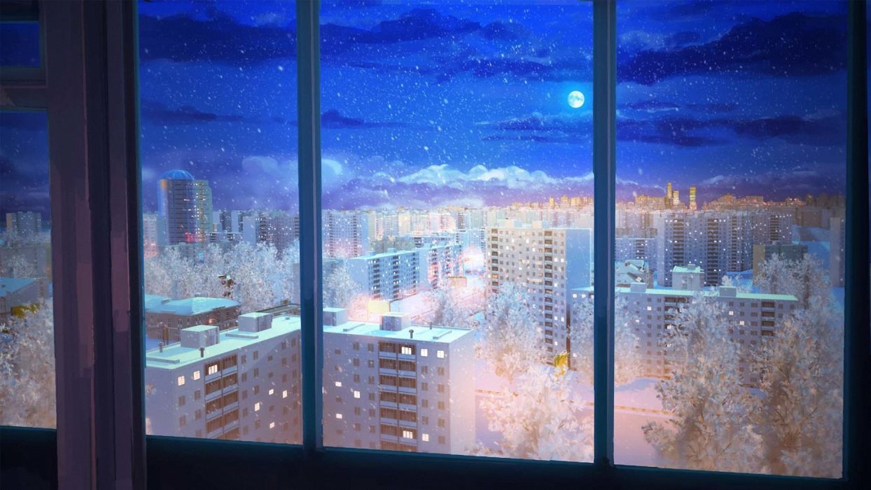 A snowy cityscape seen through a window at night - Night