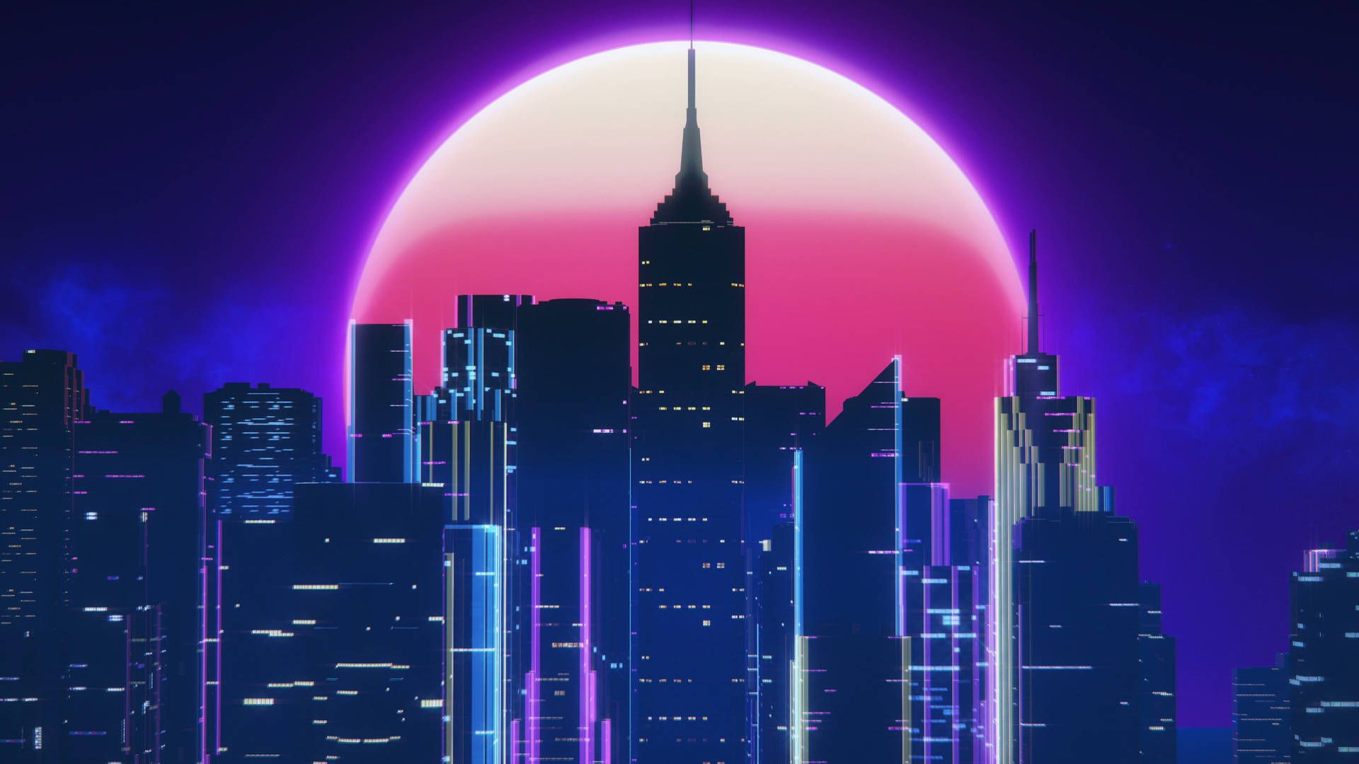 A city skyline at night with a giant glowing ball of light in the sky - Night, neon