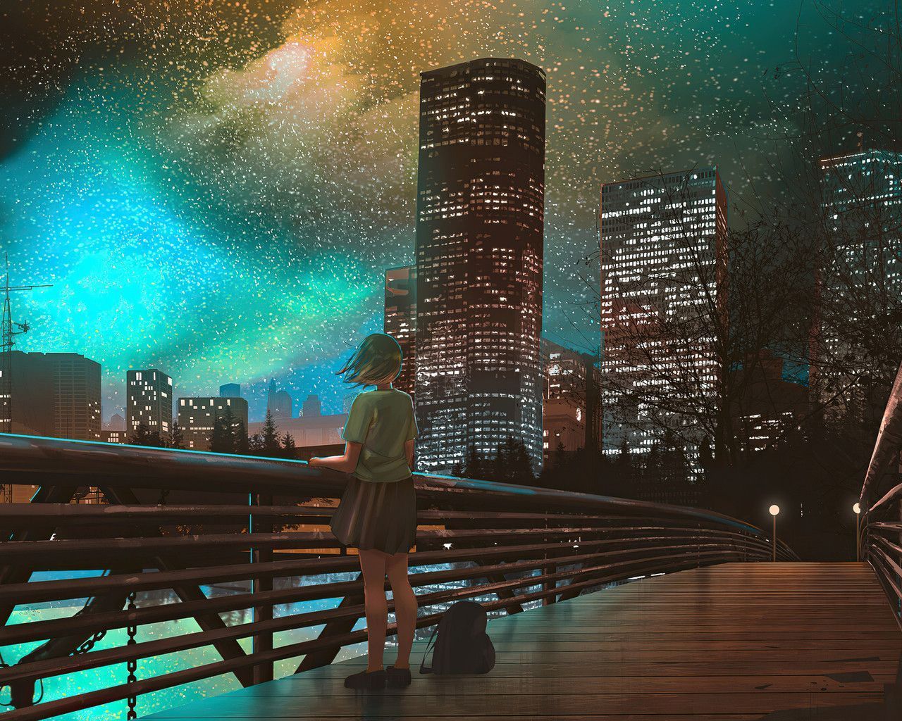 A woman standing on the bridge looking at stars - Night, anime city, 1280x1024