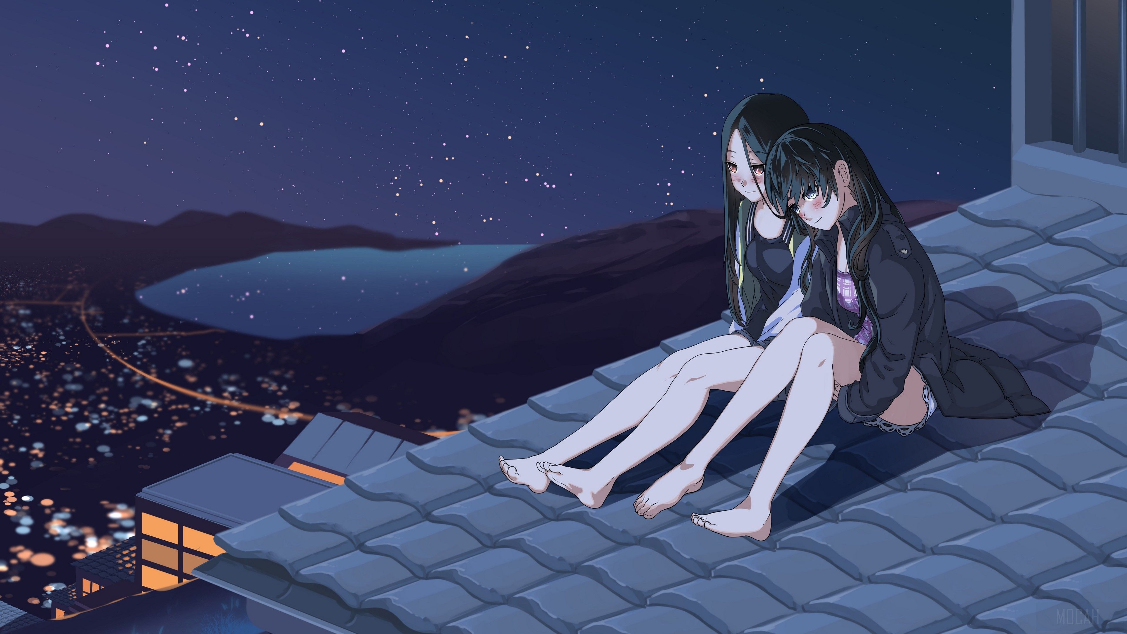 Two anime girls sitting on a rooftop at night. - Night