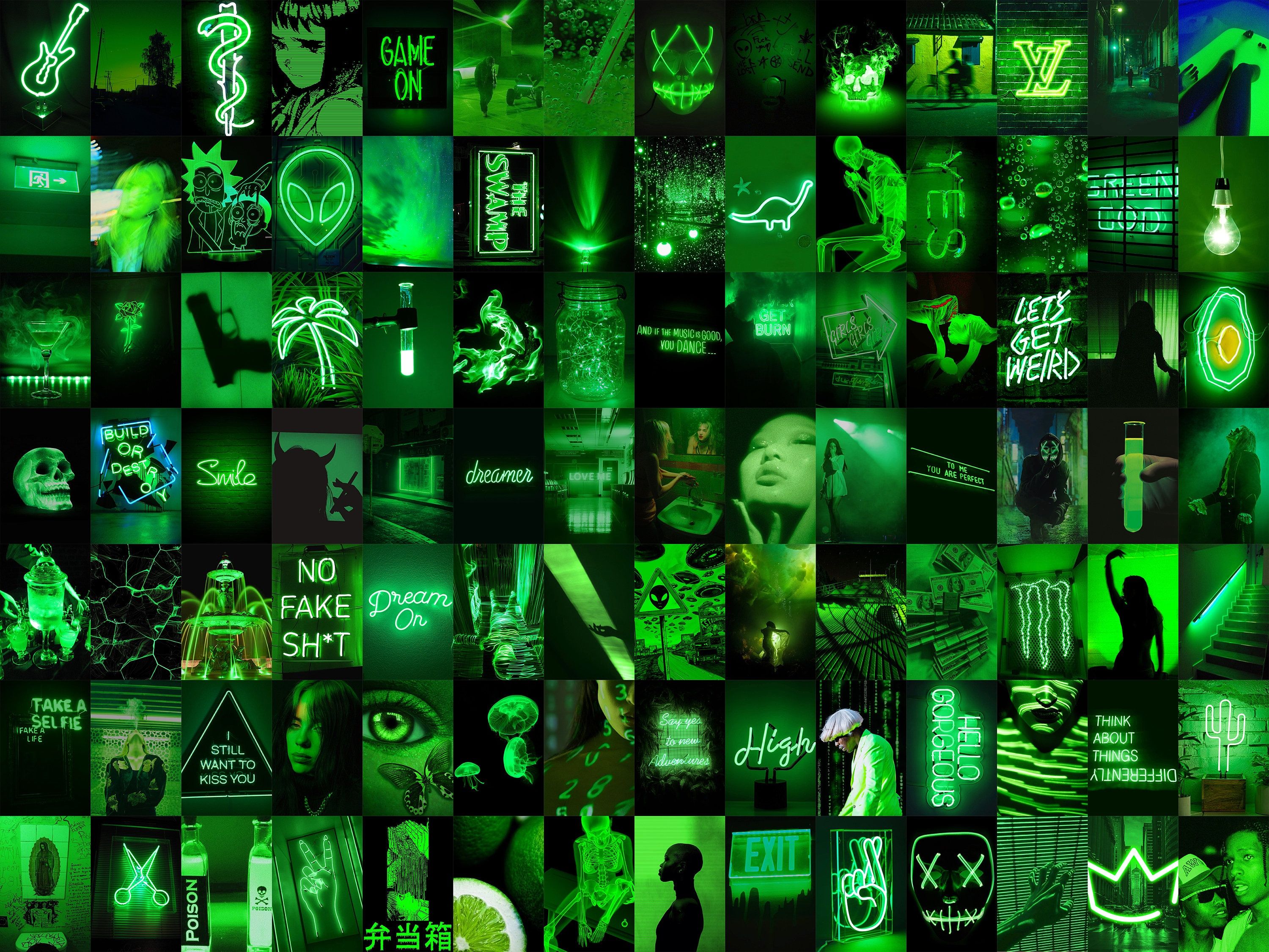 A collection of green glowing images - Dark green, neon green, alien, lime green