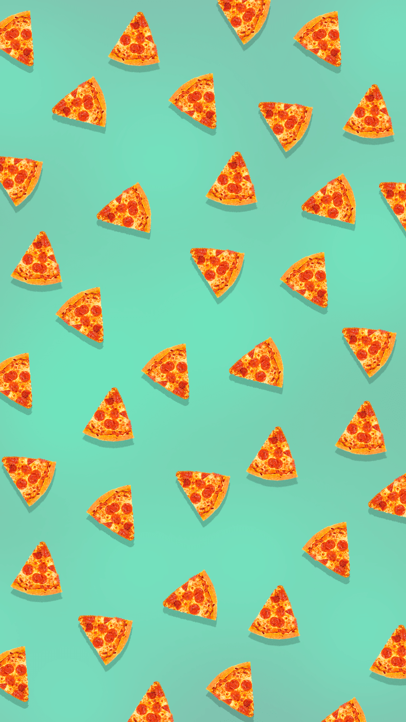 A pattern of pepperoni pizza slices on a mint green background - Pizza