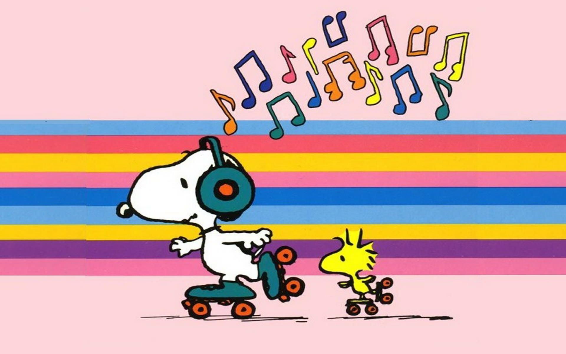 Charlie Brown and Snoopy roller skating on a rainbow background - Snoopy, Charlie Brown