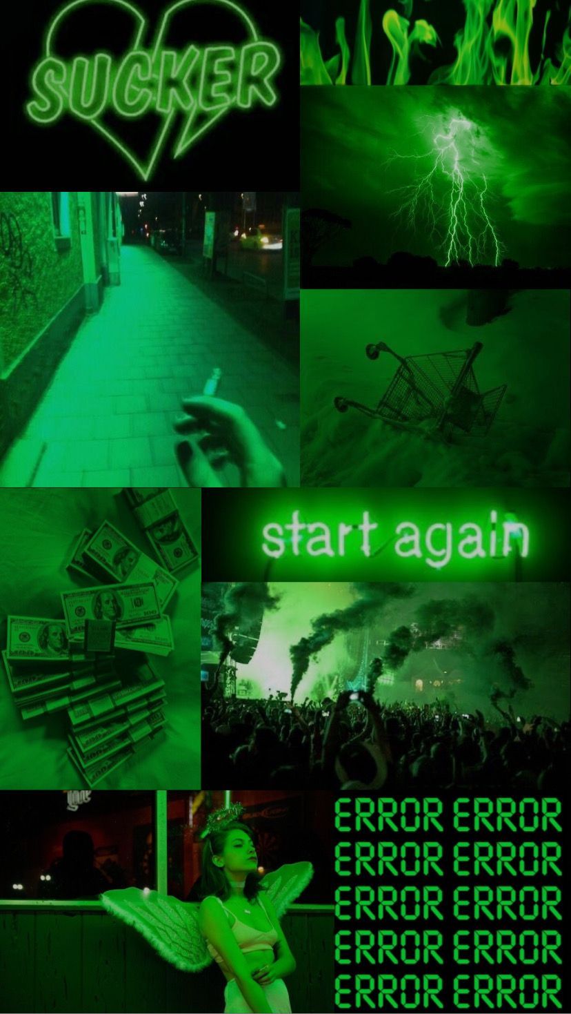 A collage of pictures with green text - Neon green