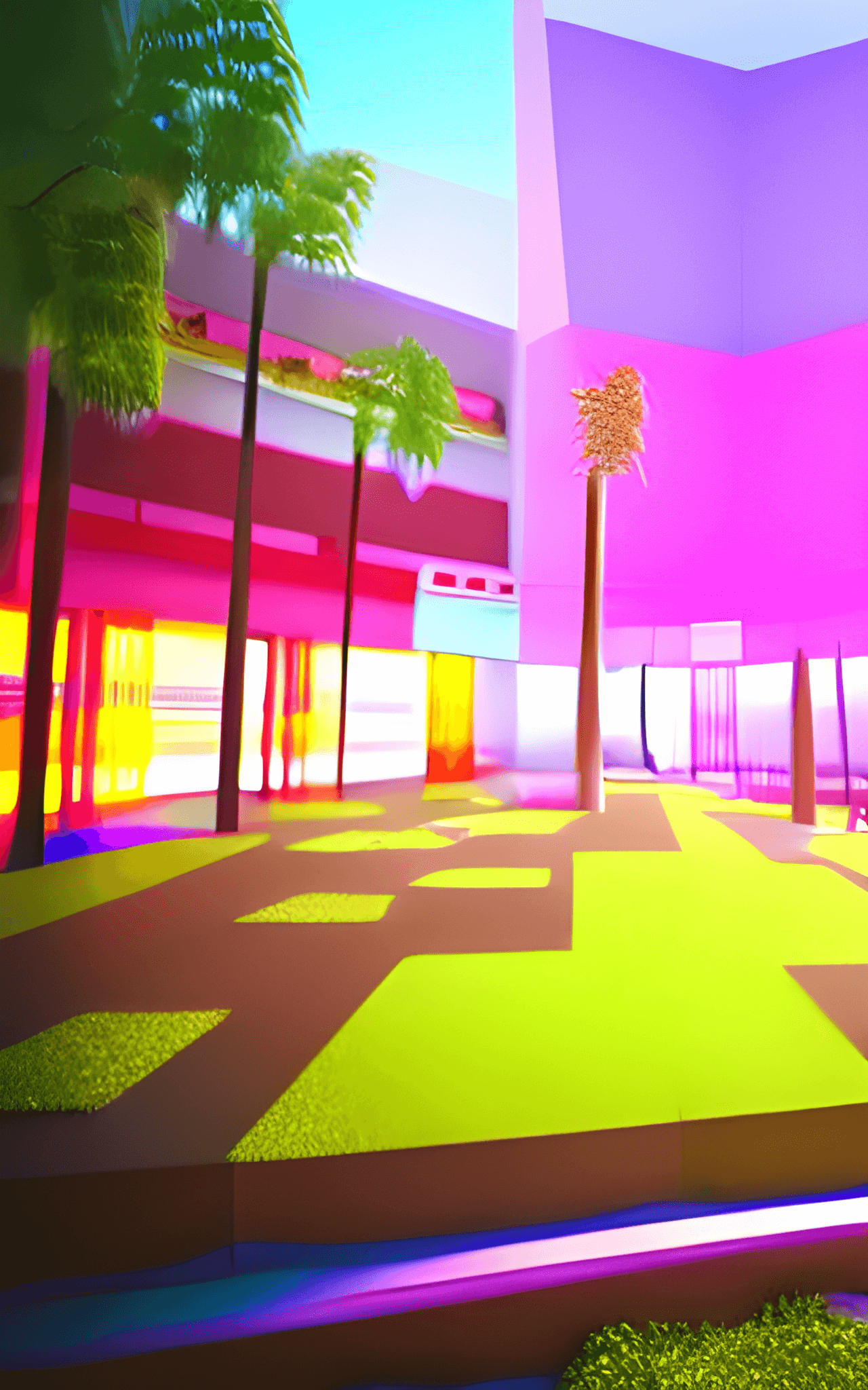 A colorful image of a city street with palm trees. - Miami