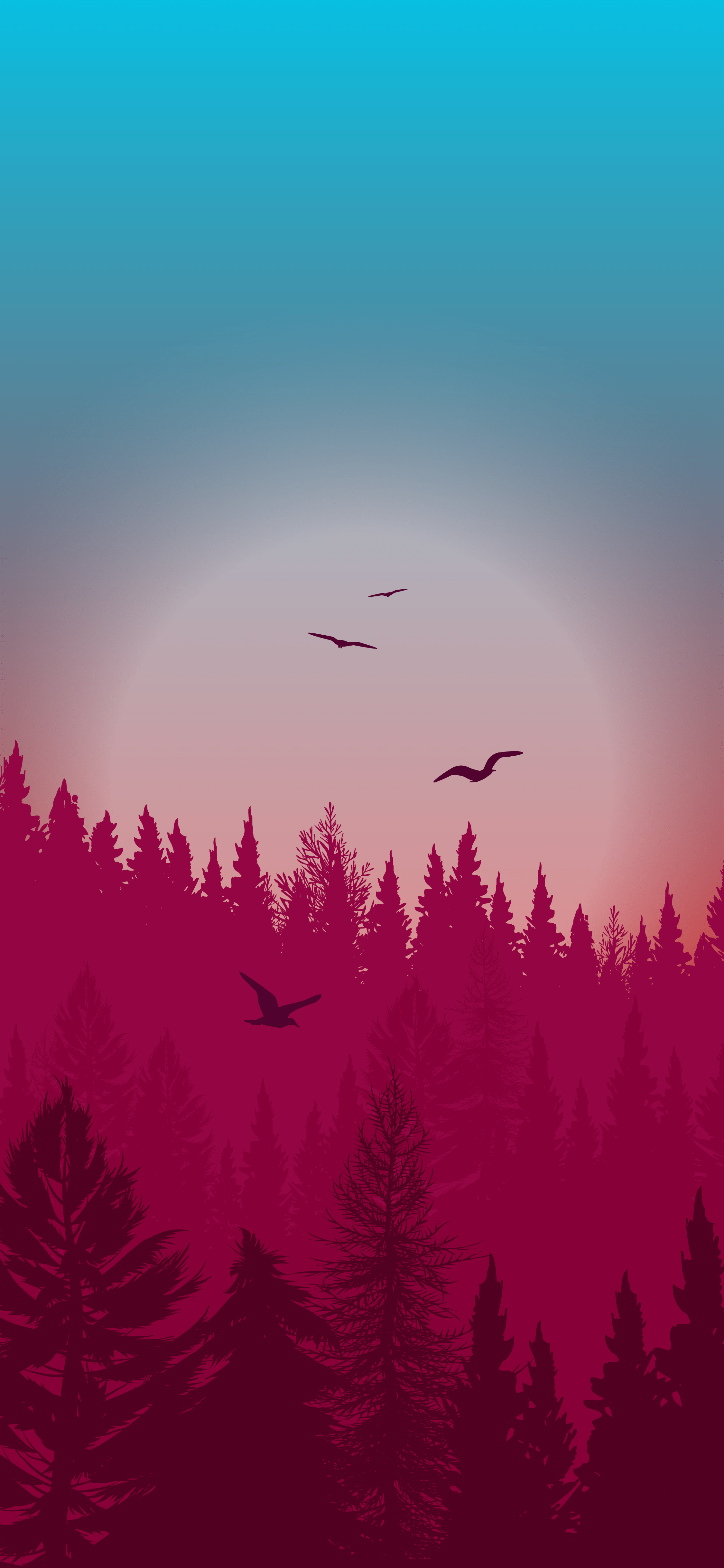 A landscape illustration of a forest with birds flying in the sky - Forest, beautiful