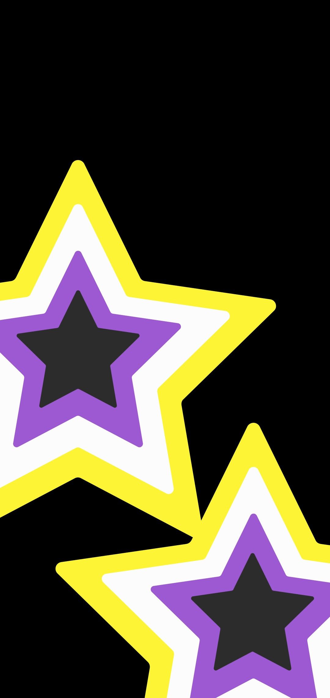 Two white stars with black centers and yellow edges on a black background - Non binary