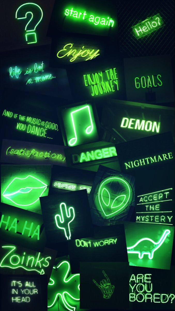 A collection of neon signs with different words on them - Neon green