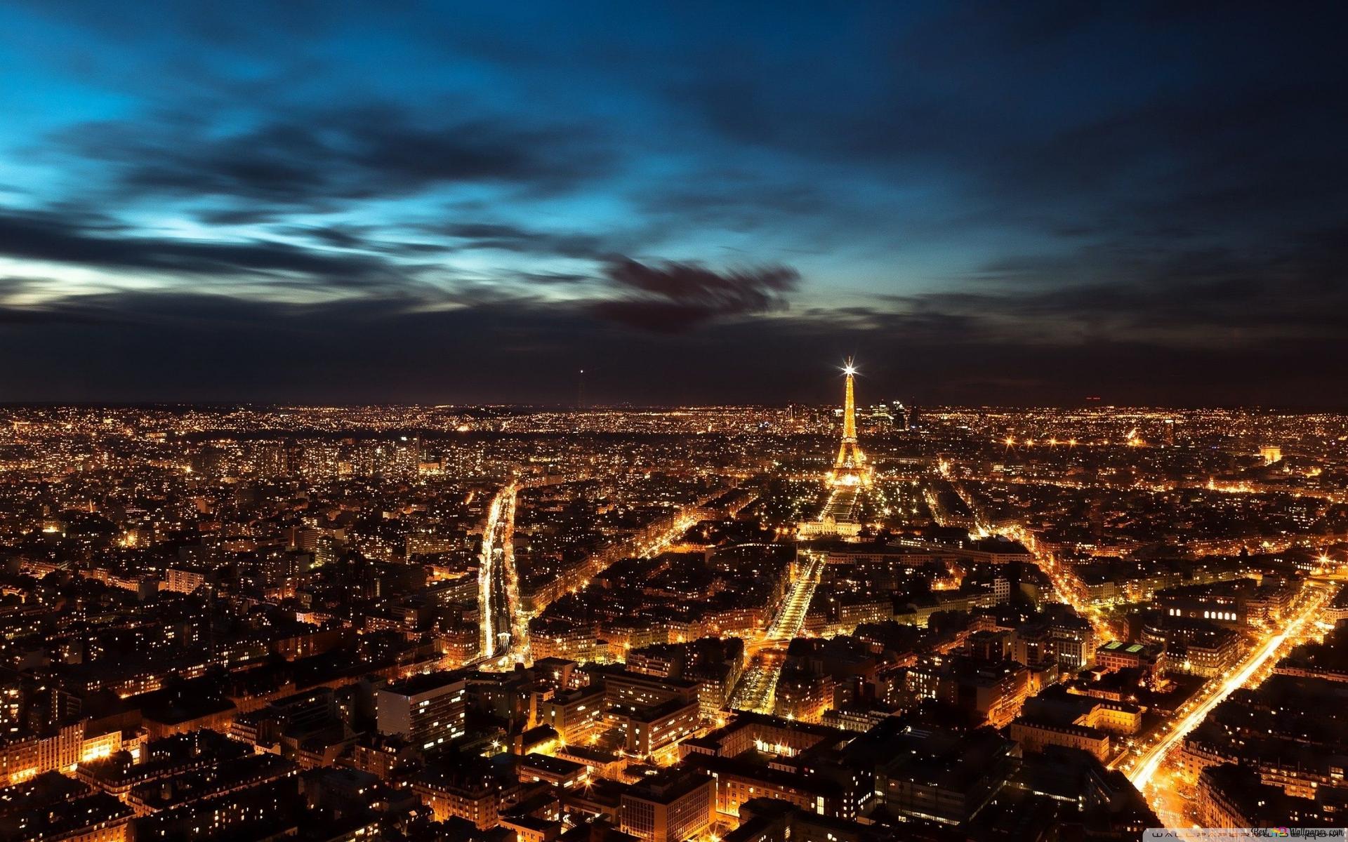 Symbol of France country, paris, eiffel tower at night city lights 2K wallpaper download