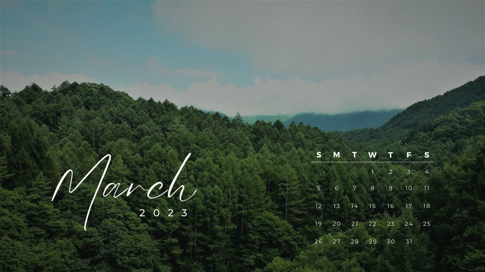A March 2023 calendar on a background of a forest - Forest