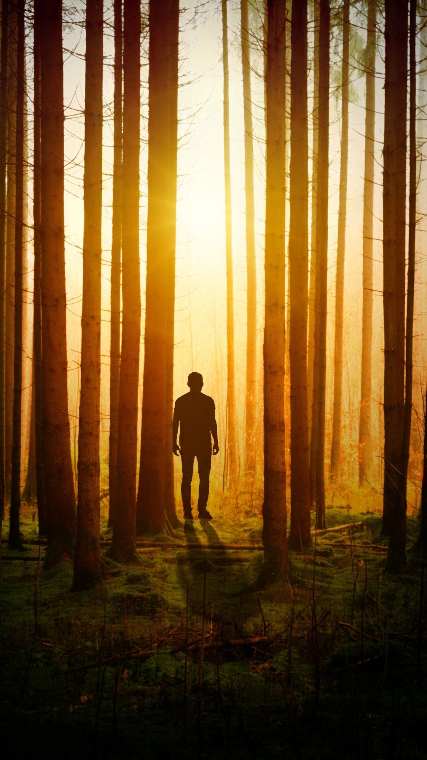 A man walking in the forest with the sun shining through the trees - Forest