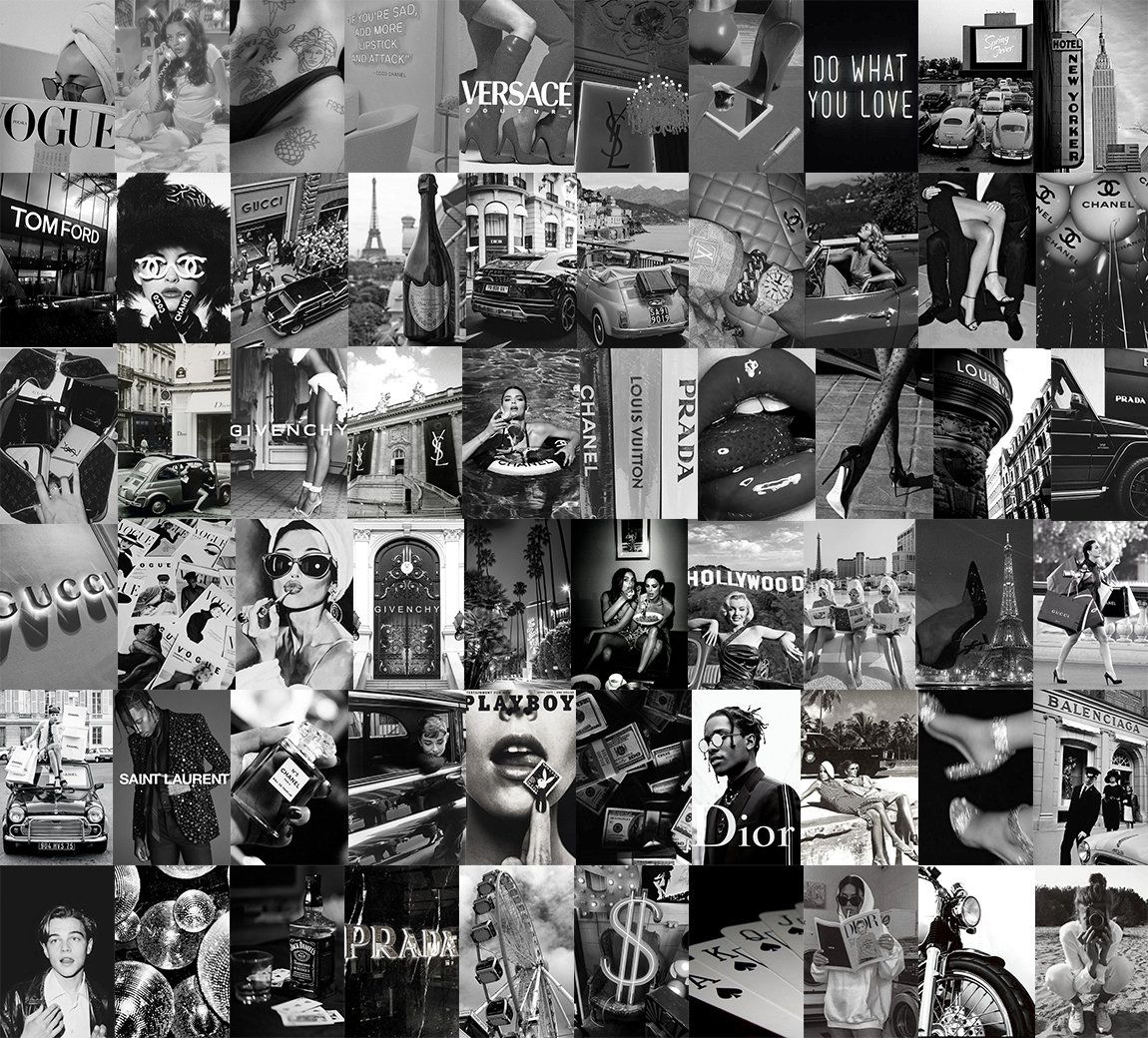 A collage of black and white images of fashion, luxury, and pop culture - Black and white
