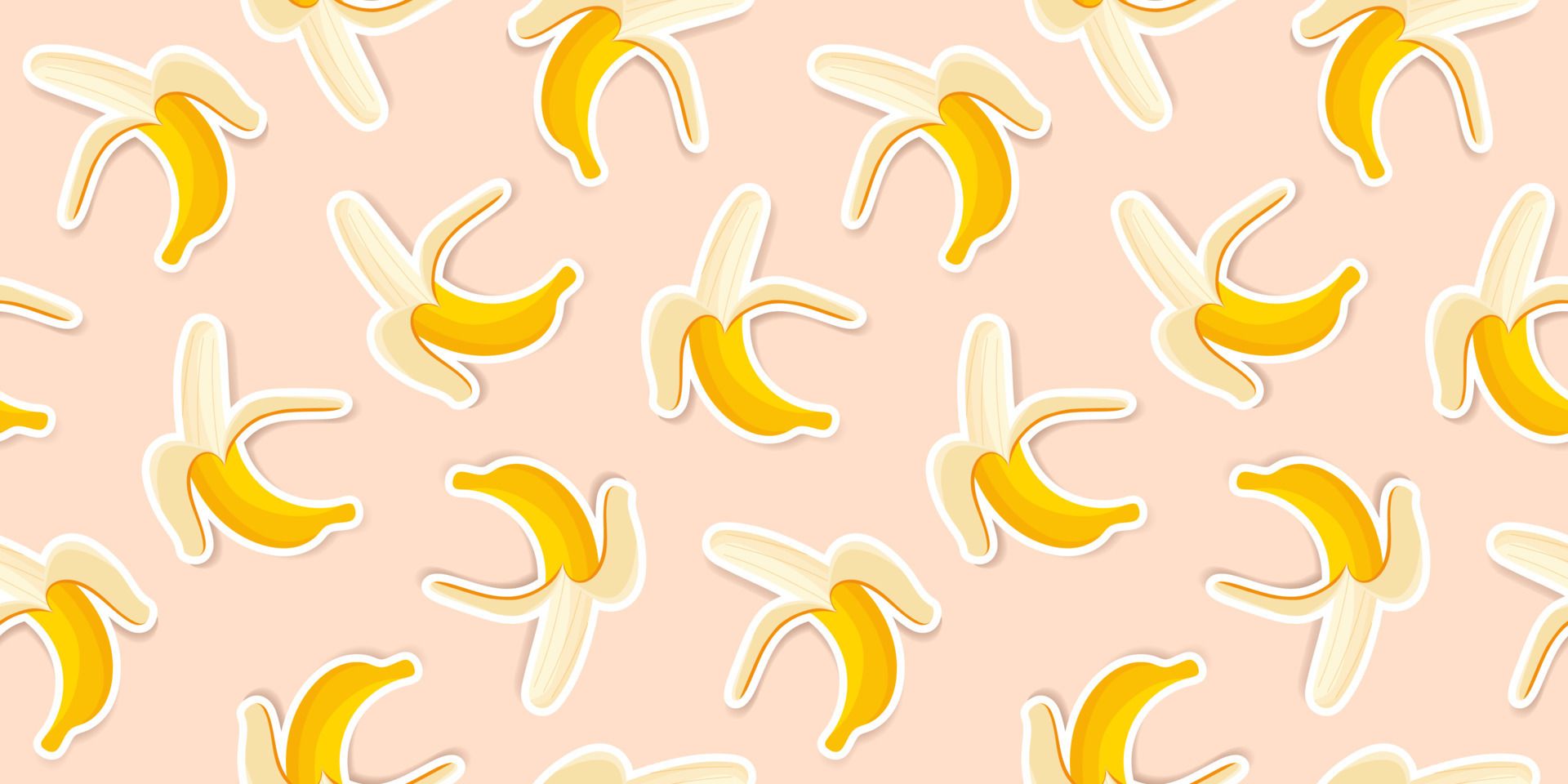 Cute yellow bananas on a coral background. Trendy banana pattern design for wallpaper, print, fabric and stationery design. Yellow banana sticker pattern. Illustrated vector fruit