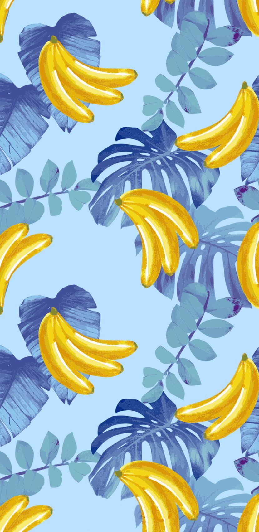 A pattern of bananas and leaves on blue background - Banana