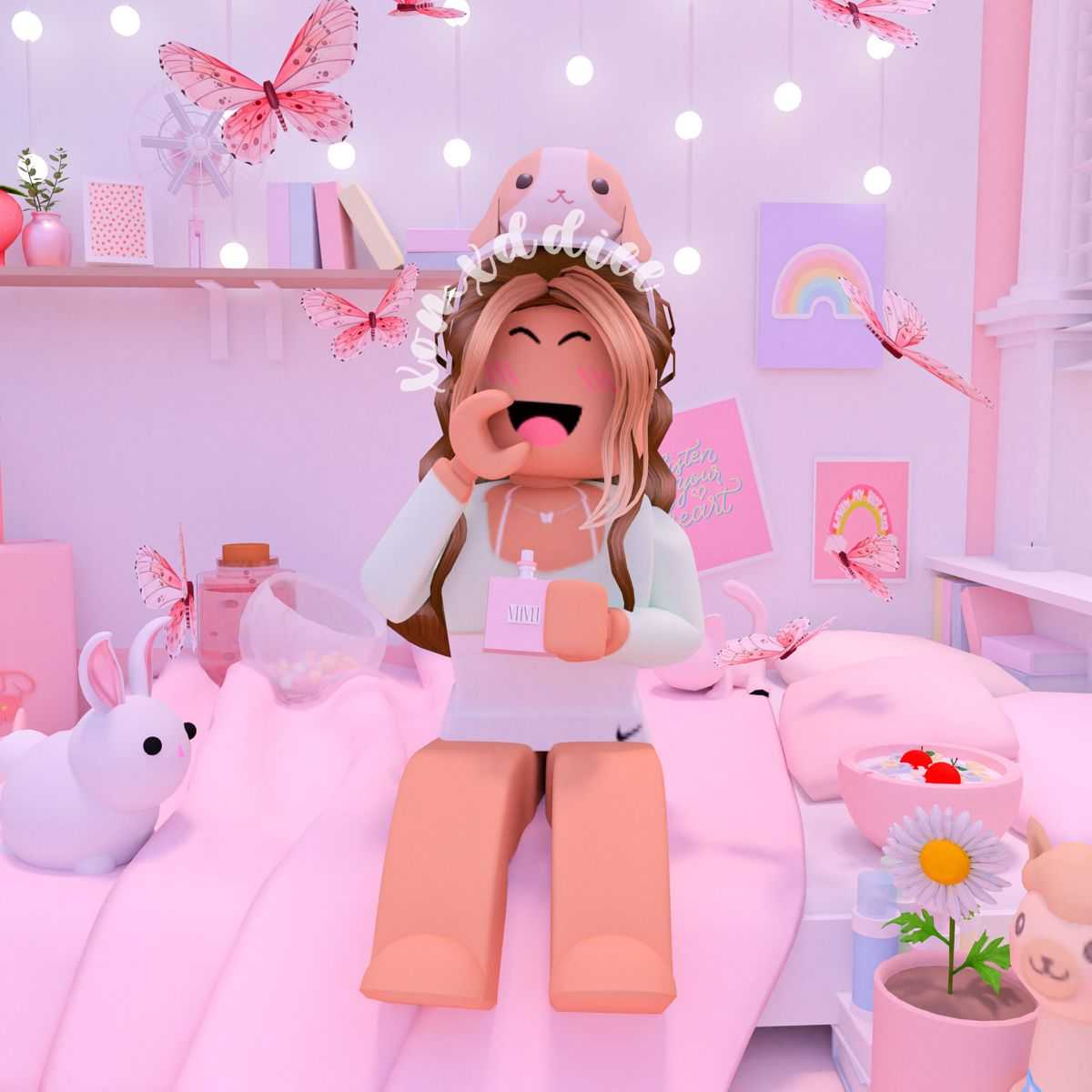 A girl sitting on her bed with some stuffed animals - Roblox