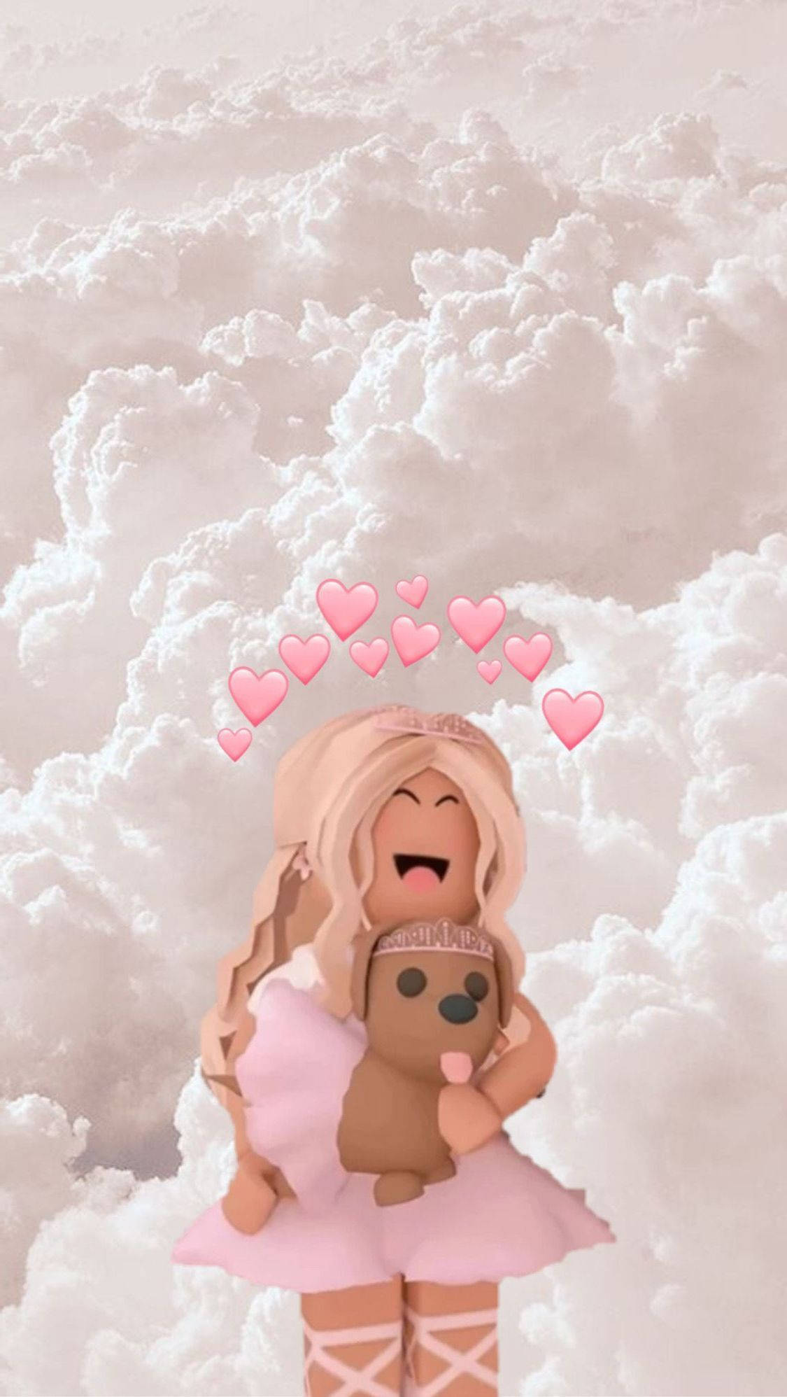 A girl holding her teddy bear in the clouds - Roblox