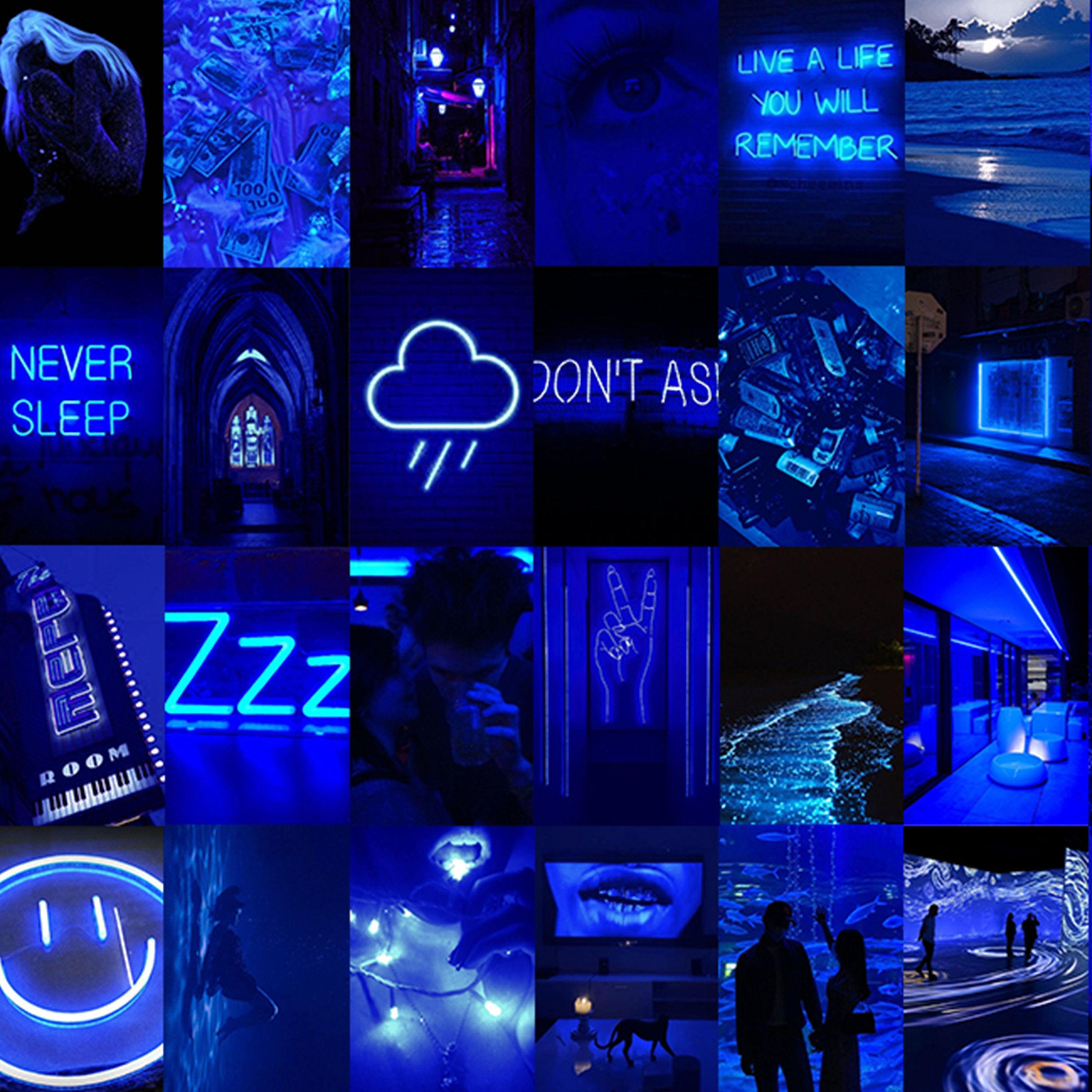 A collage of blue aesthetic pictures - Neon blue