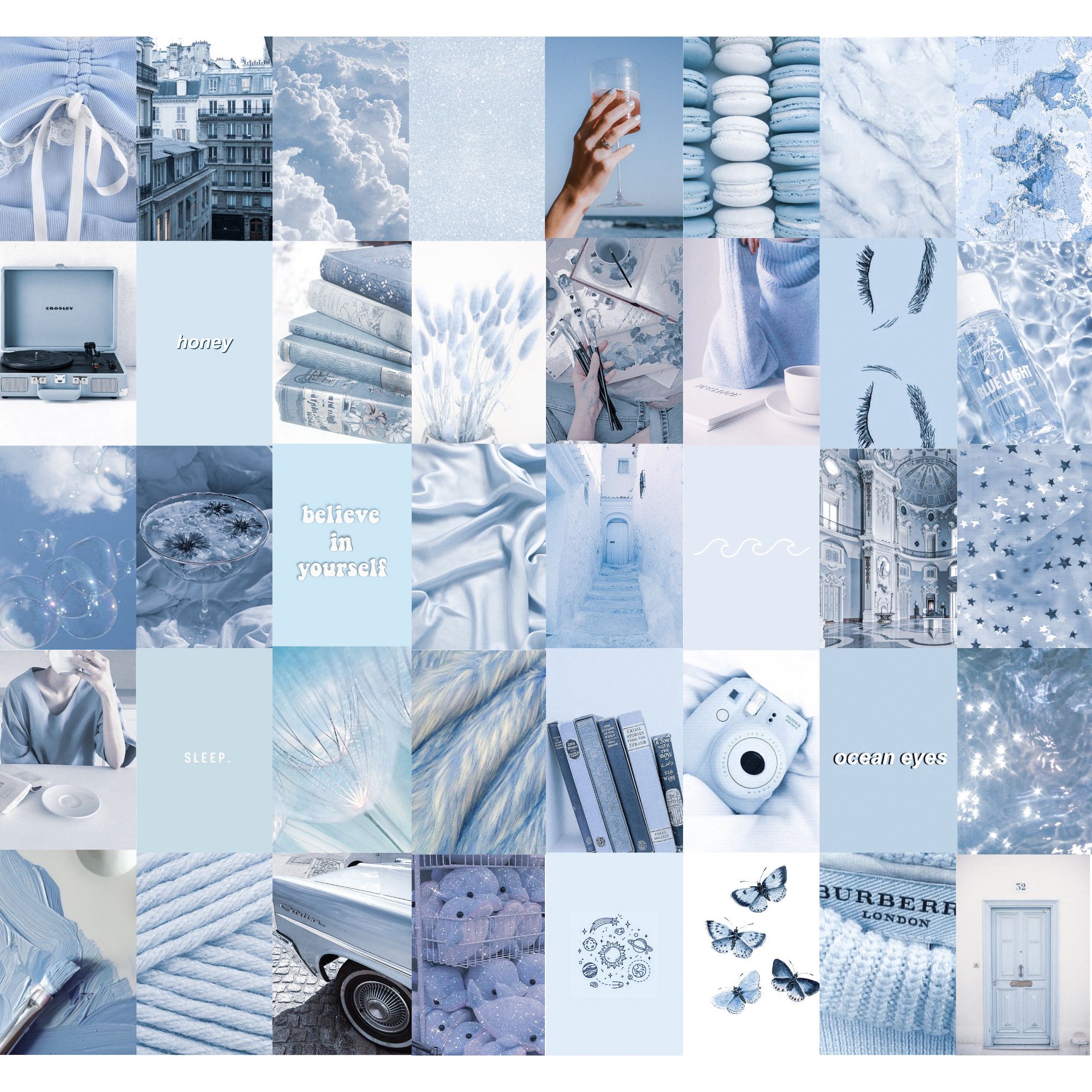 A collage of pictures with blue backgrounds - Light blue, pastel blue