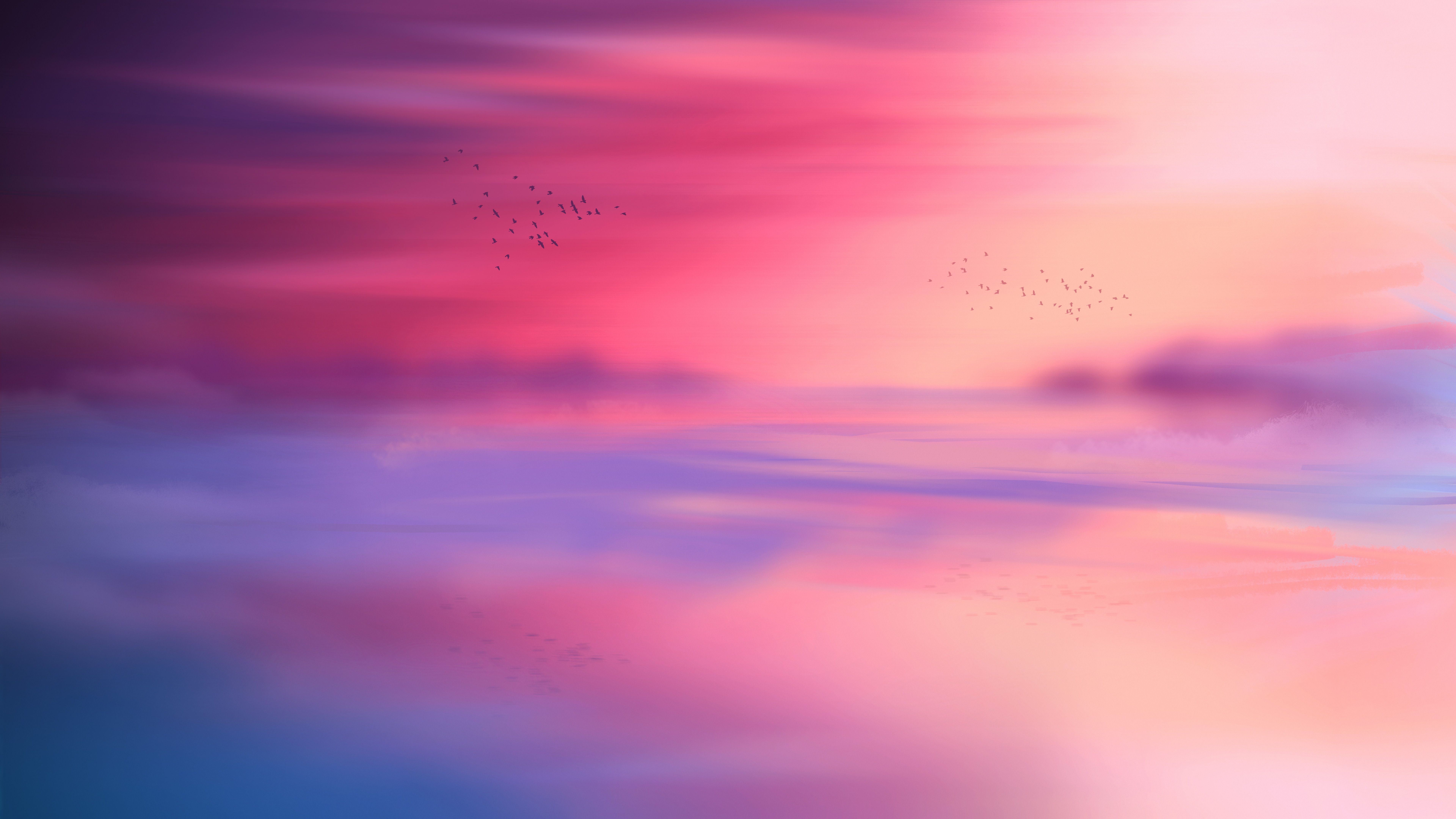 A flock of birds flying over a body of water with a pink and blue sunset in the background. - Sky