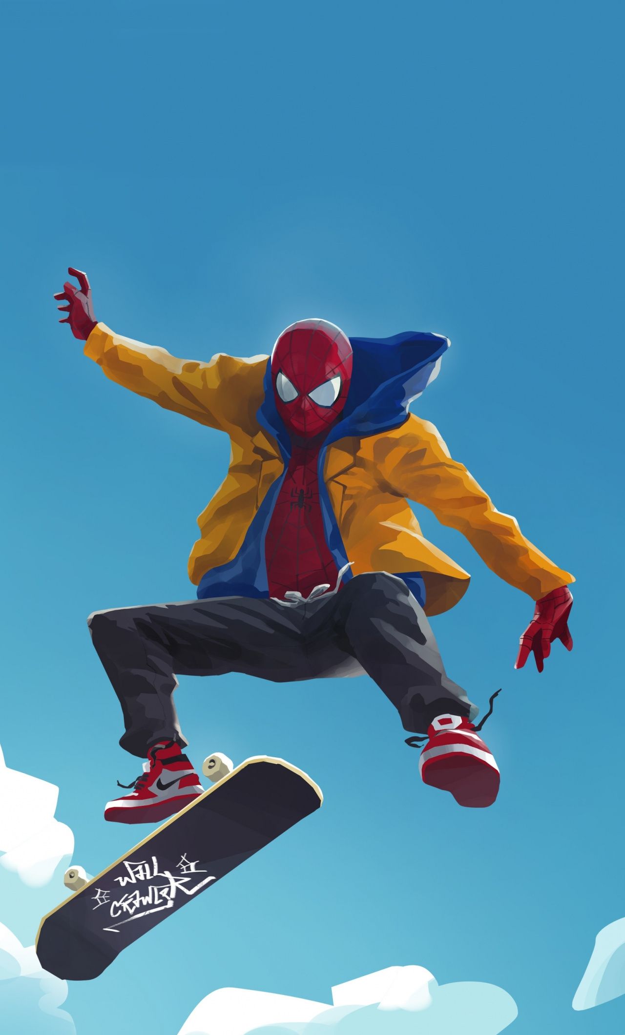 A spiderman character is flying through the air on his skateboard - Skate