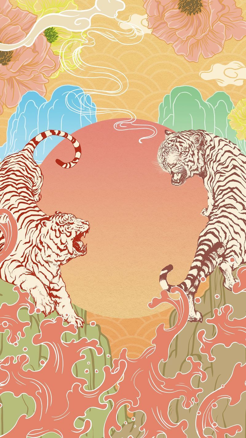 An image of two tigers fighting in front of a pink sun - Tiger
