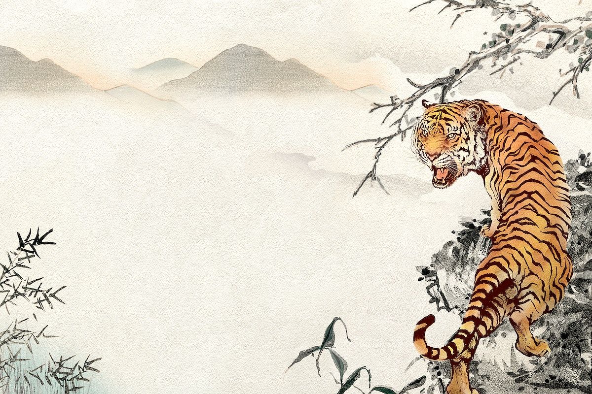 A tiger on a tree branch, a Chinese painting. - Tiger