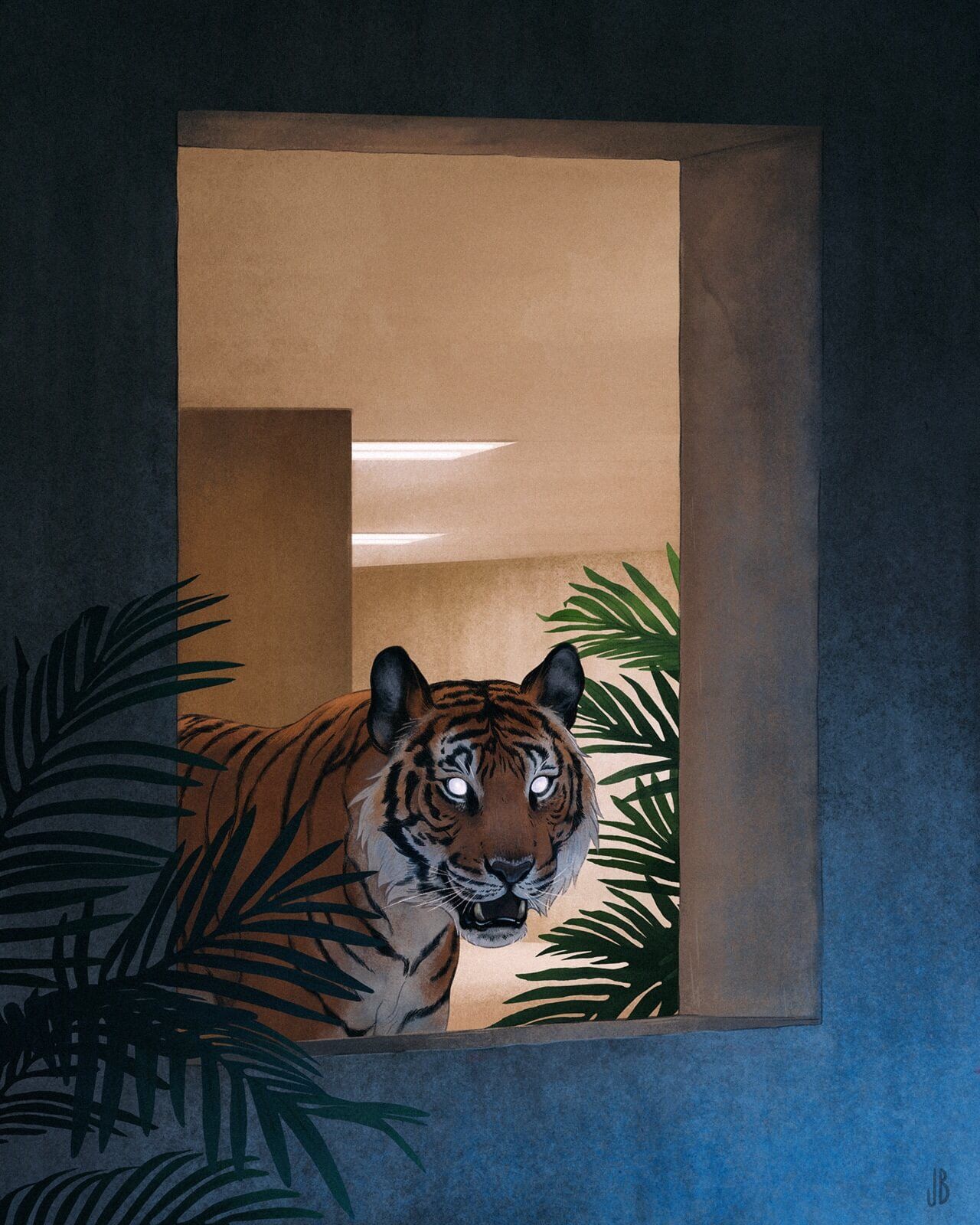 A tiger peers out from a window surrounded by palm leaves. - Tiger