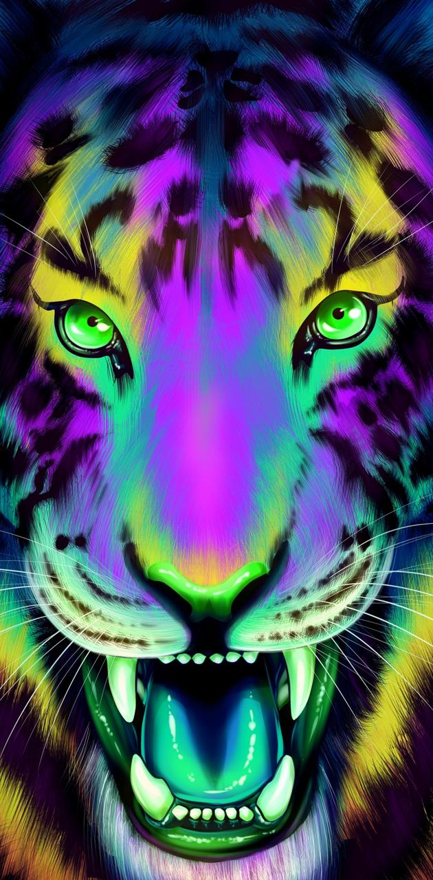 A tiger with neon green eyes and purple stripes - Tiger