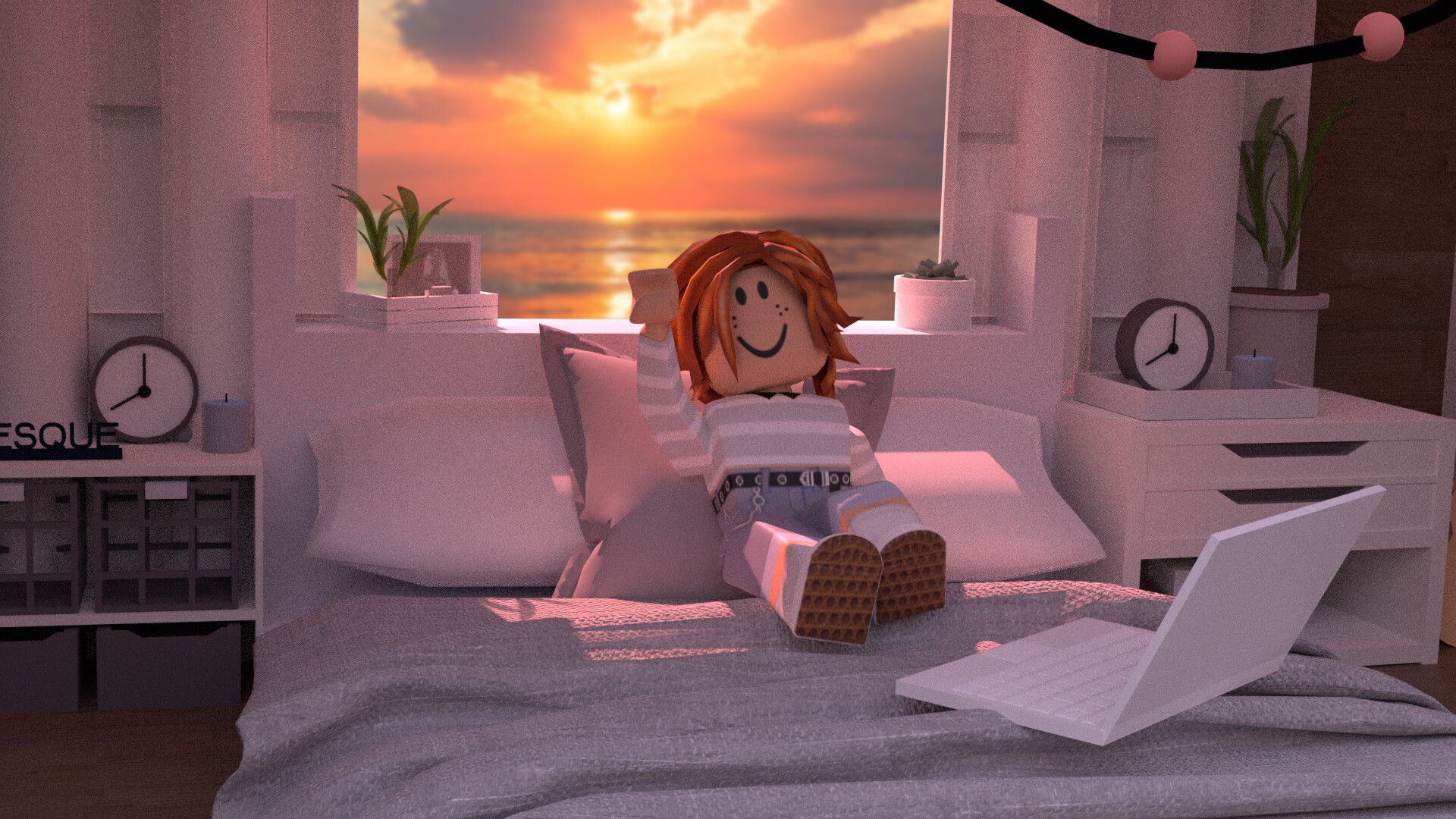 A Roblox character sits on a bed with a laptop on the pillow. - Roblox