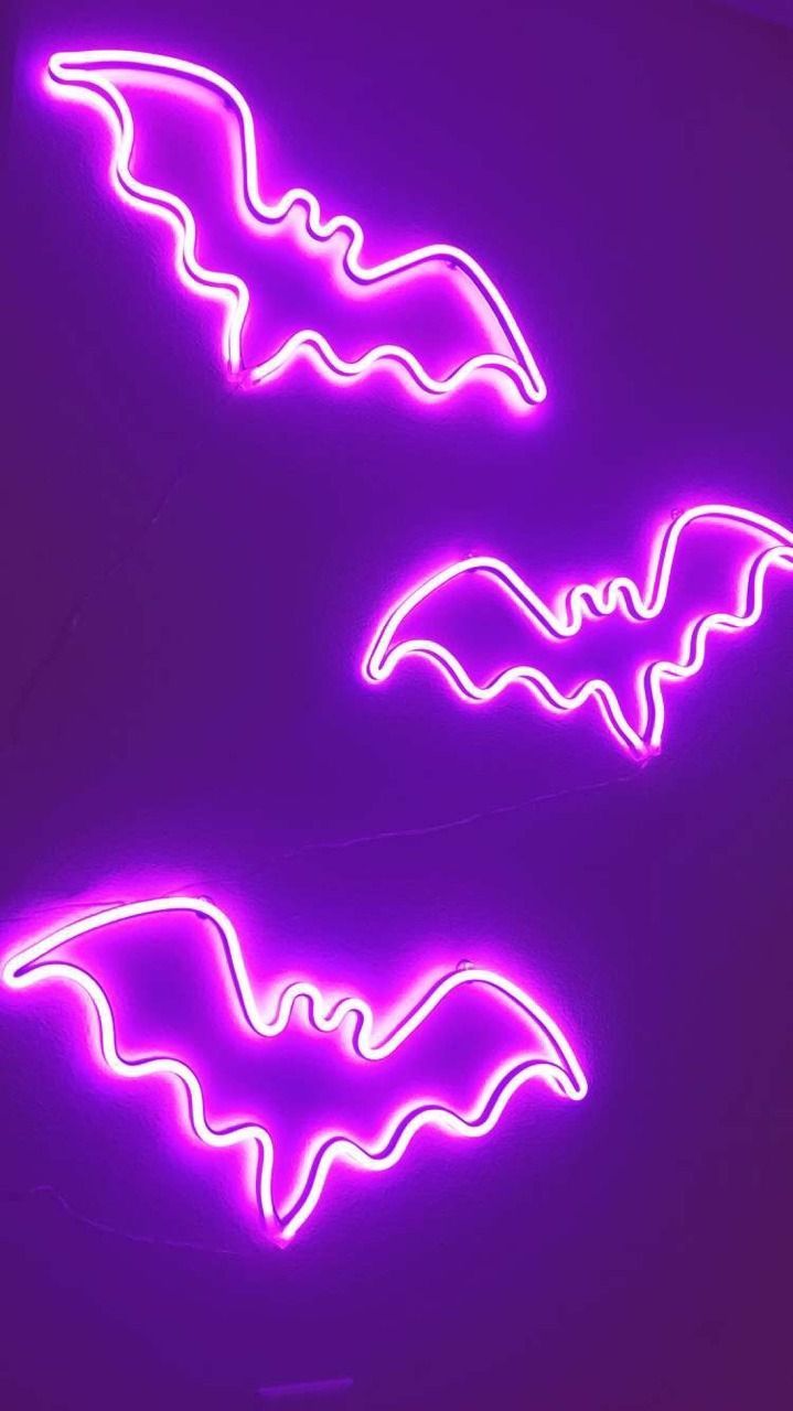 Three purple neon bats hanging on a wall - Magenta