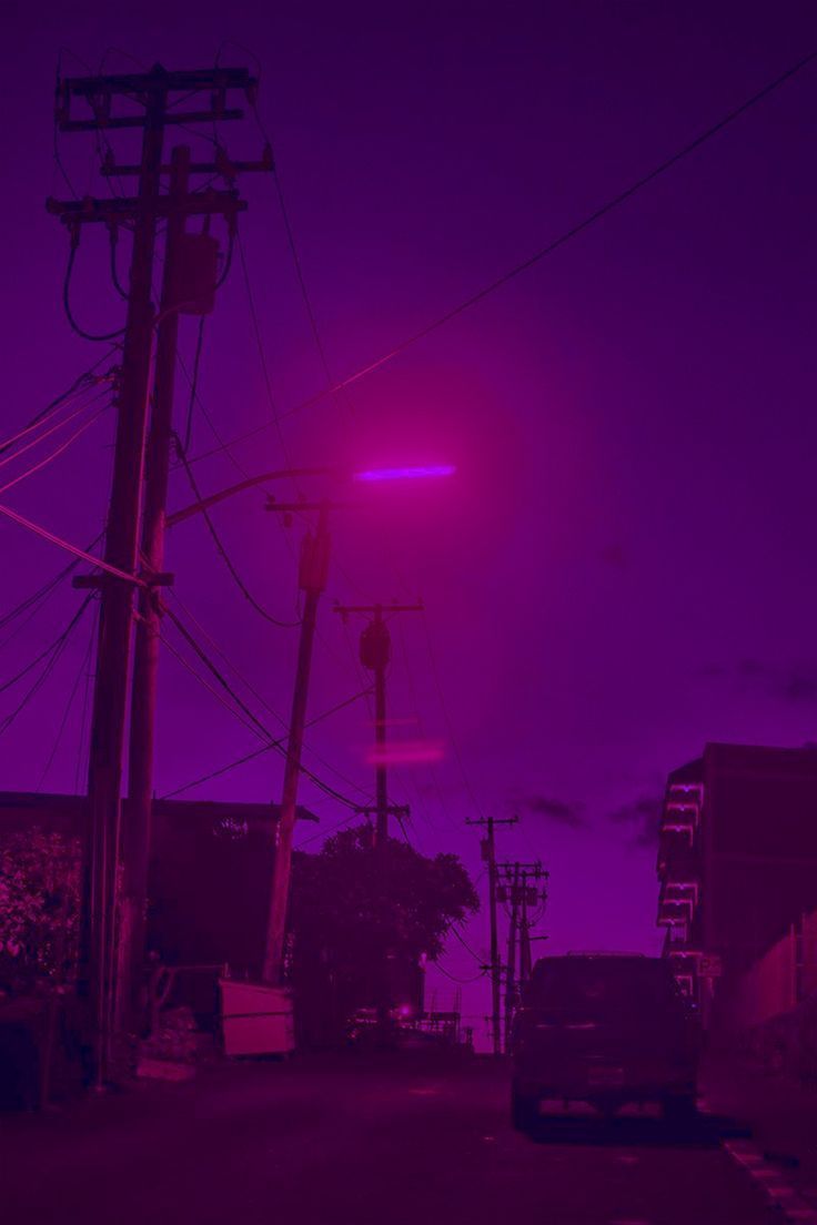 Purple light on a street with power lines - Magenta, outdoors