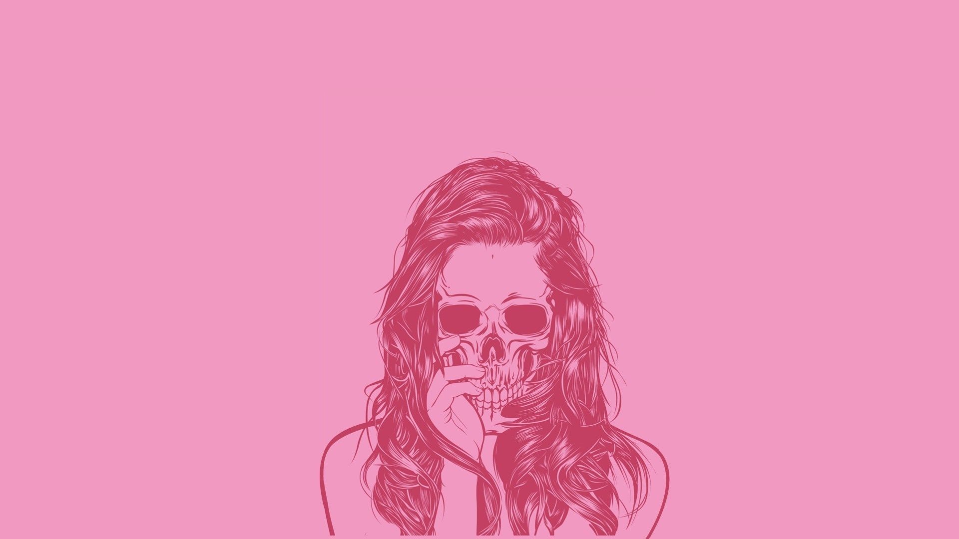 A woman with long hair and sunglasses holding a skull in front of her face. - Magenta