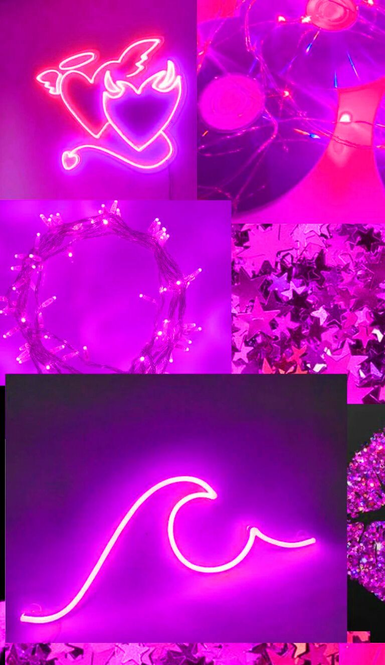 A collage of pictures with pink neon lights - Magenta, bright