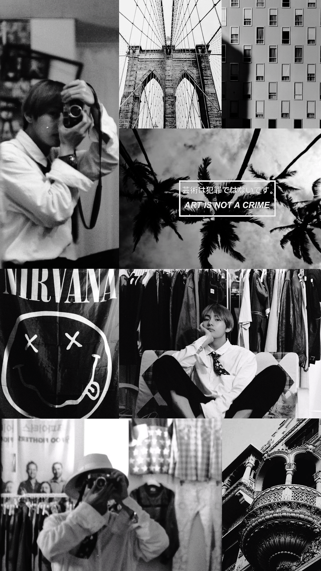 Black and white aesthetic wallpaper of a clothing store, Nirvana album cover, and BTS wallpaper. - Nirvana