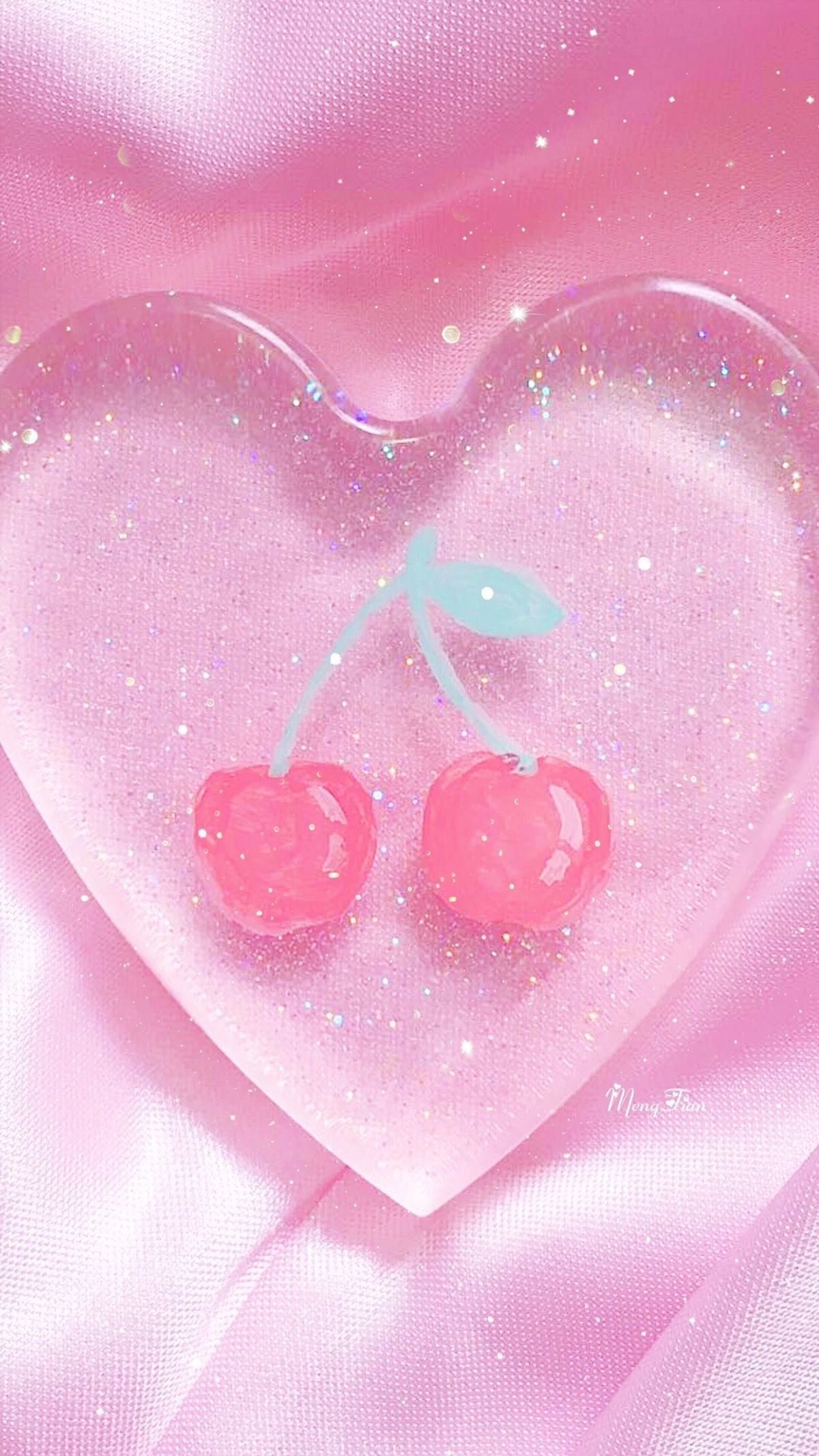 A heart shaped piece of glass with cherries on it - Lovecore, pastel pink, profile picture